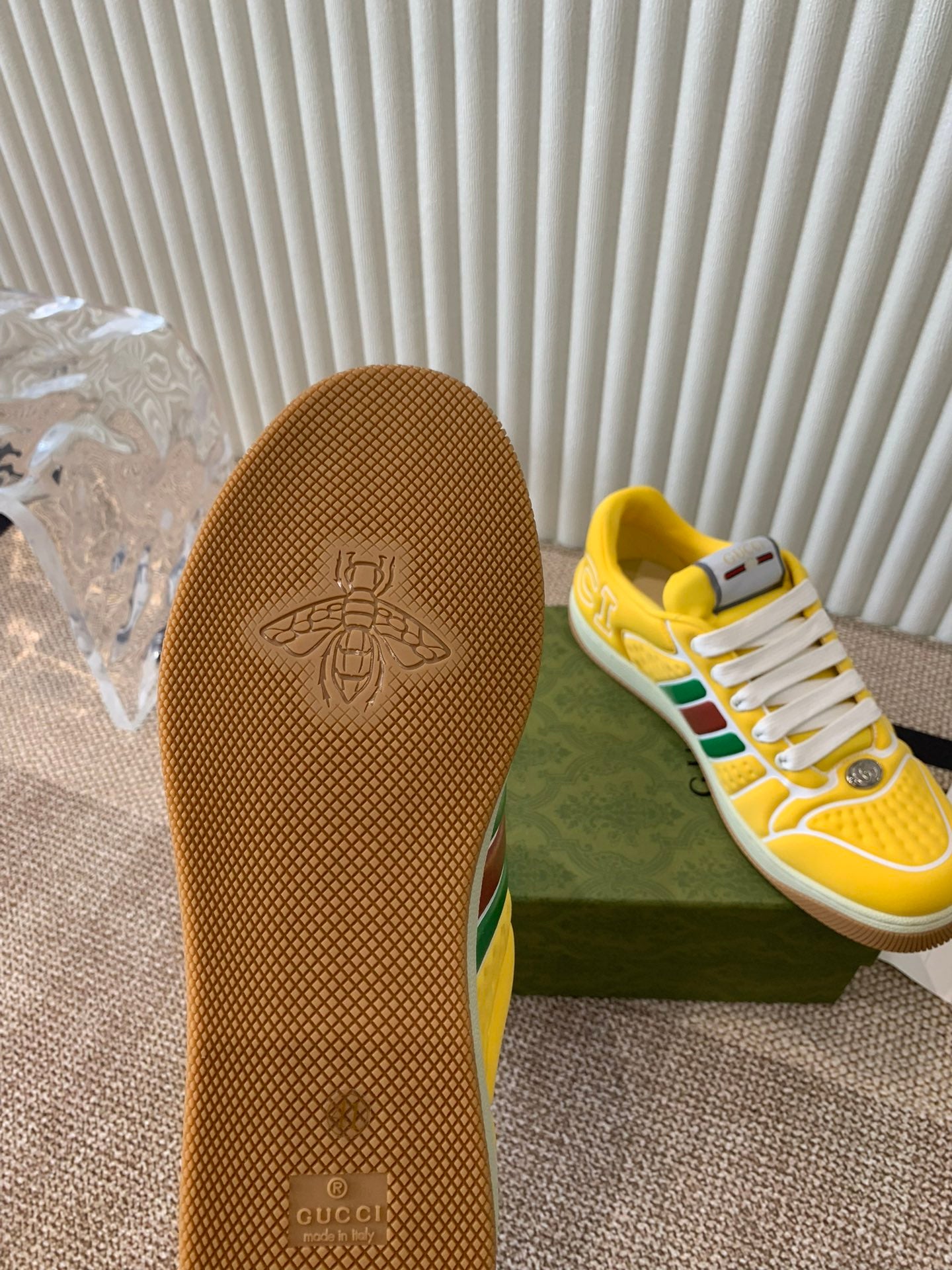 GUCCI SCREENER SNEAKER WITH WEB LEMON CALFSKIN