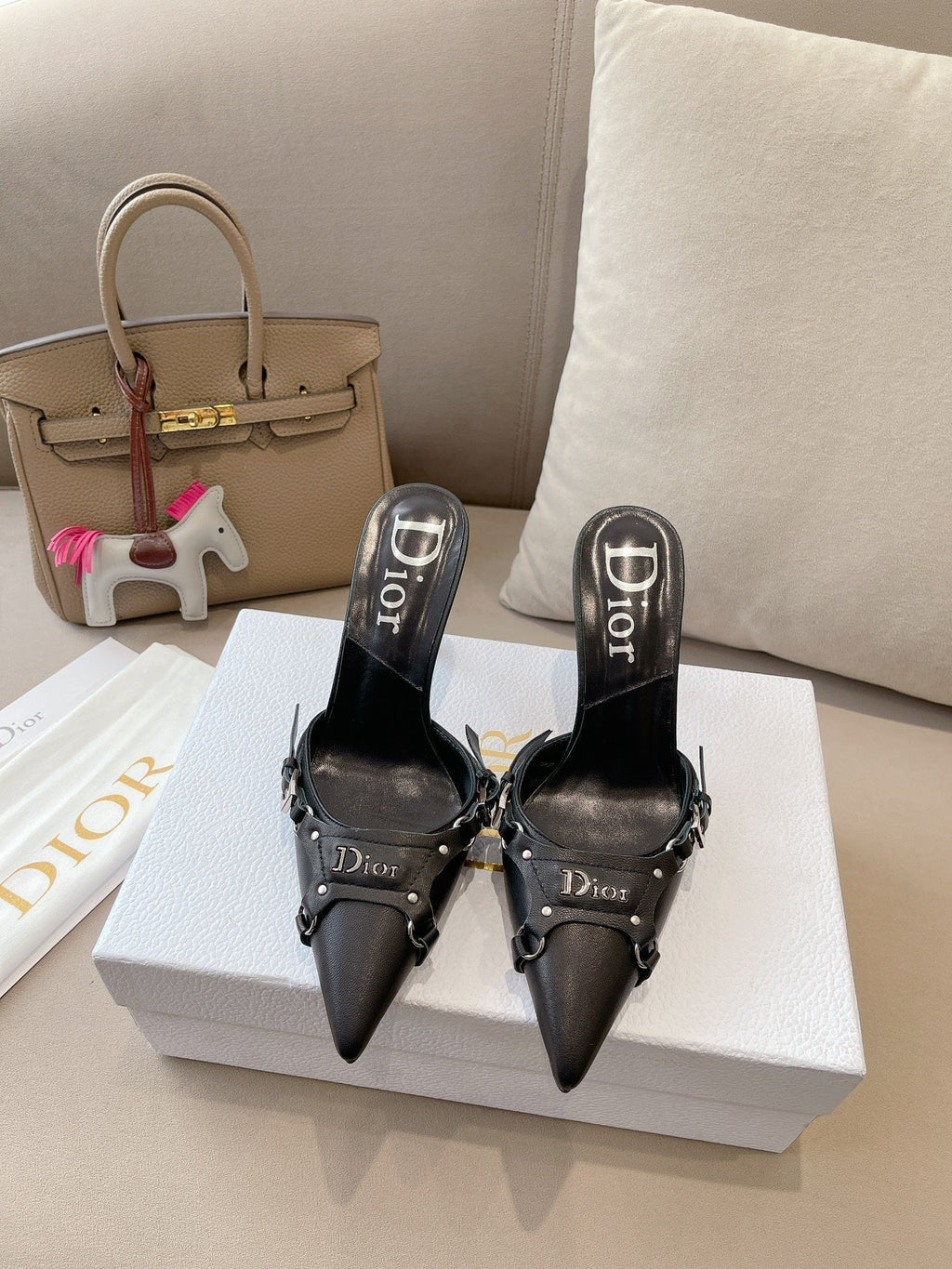 DIOR HEELED MULES 85MM IN BLACK LAMBSKIN