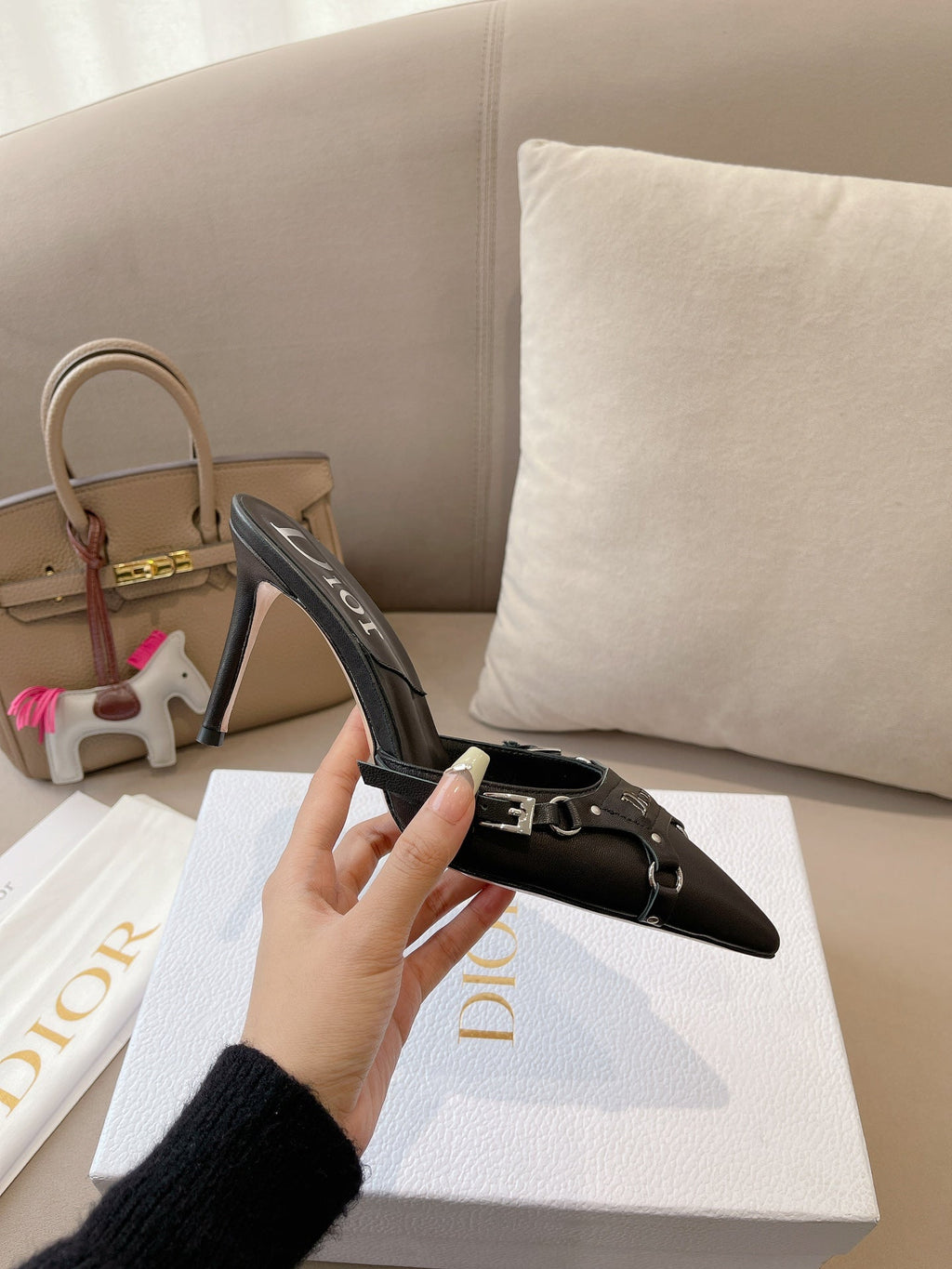 DIOR HEELED MULES 85MM IN BLACK LAMBSKIN