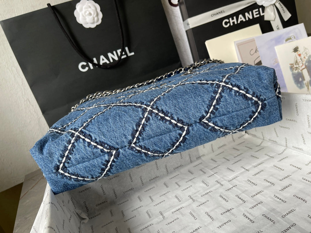 CHANEL LARGE 42 CROSSBODY BAG IN BLUE DENIM WITH CHAIN