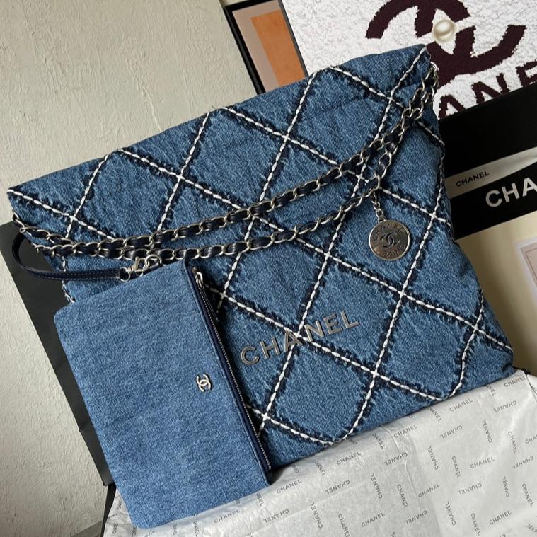 CHANEL LARGE 42 CROSSBODY BAG IN BLUE DENIM WITH CHAIN
