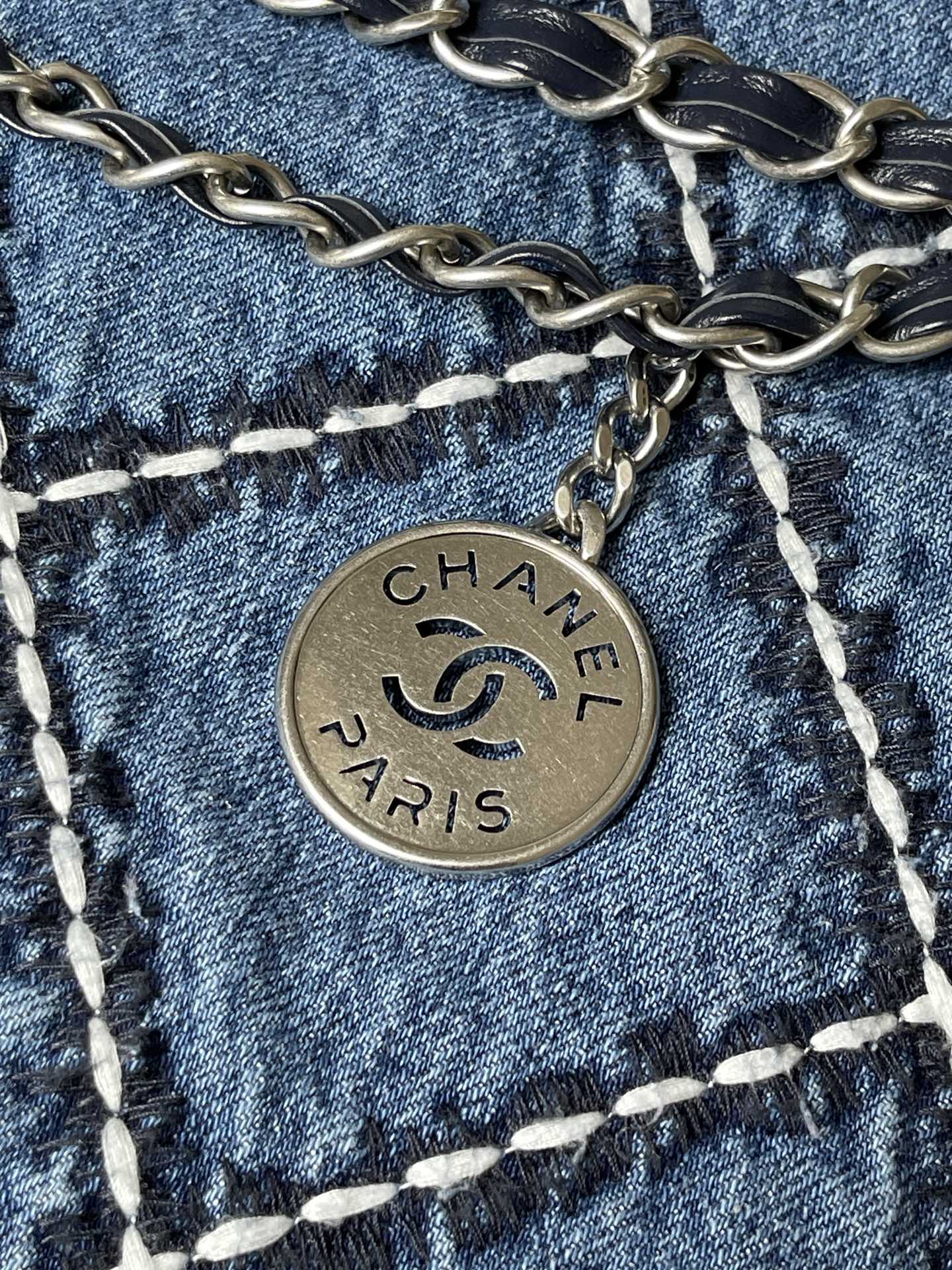 CHANEL LARGE 42 CROSSBODY BAG IN BLUE DENIM WITH CHAIN