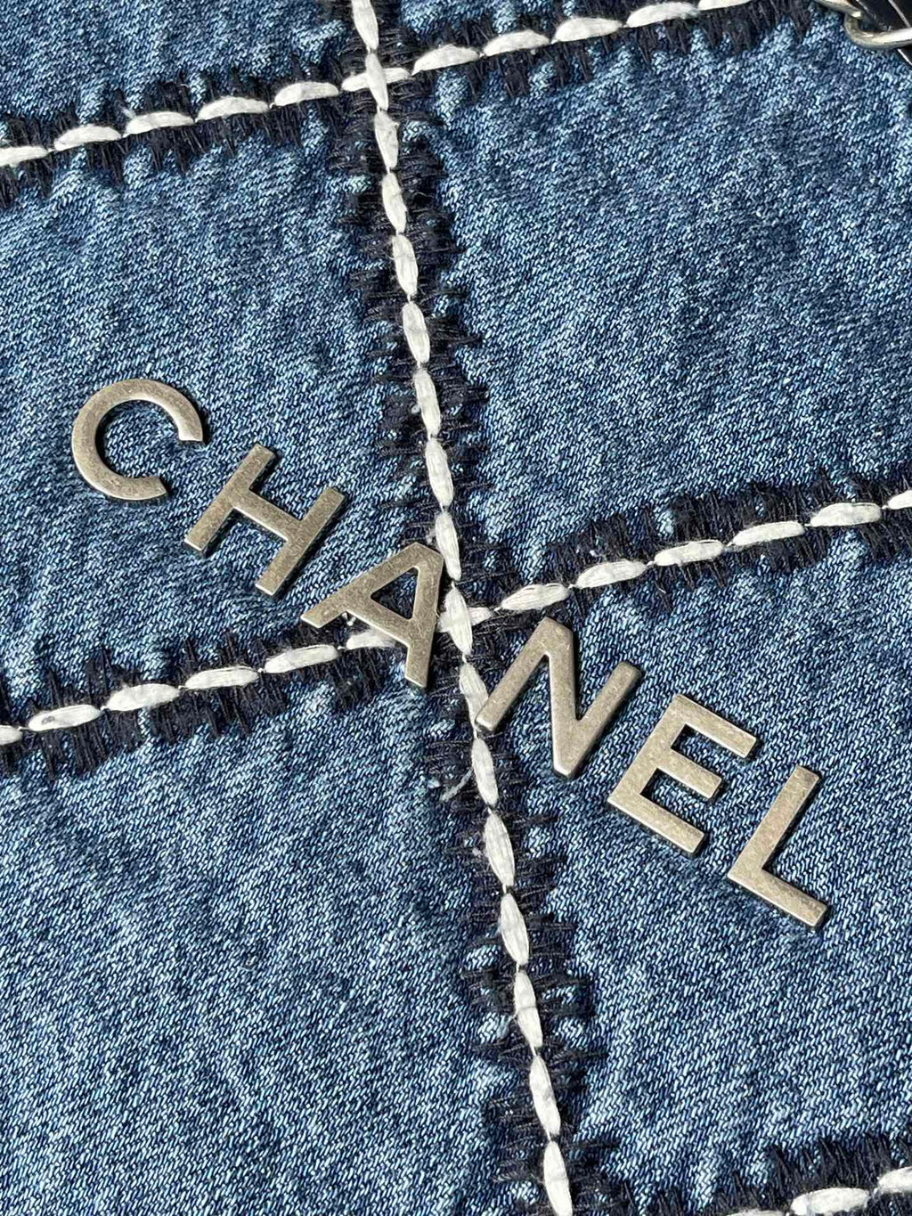 CHANEL LARGE 42 CROSSBODY BAG IN BLUE DENIM WITH CHAIN