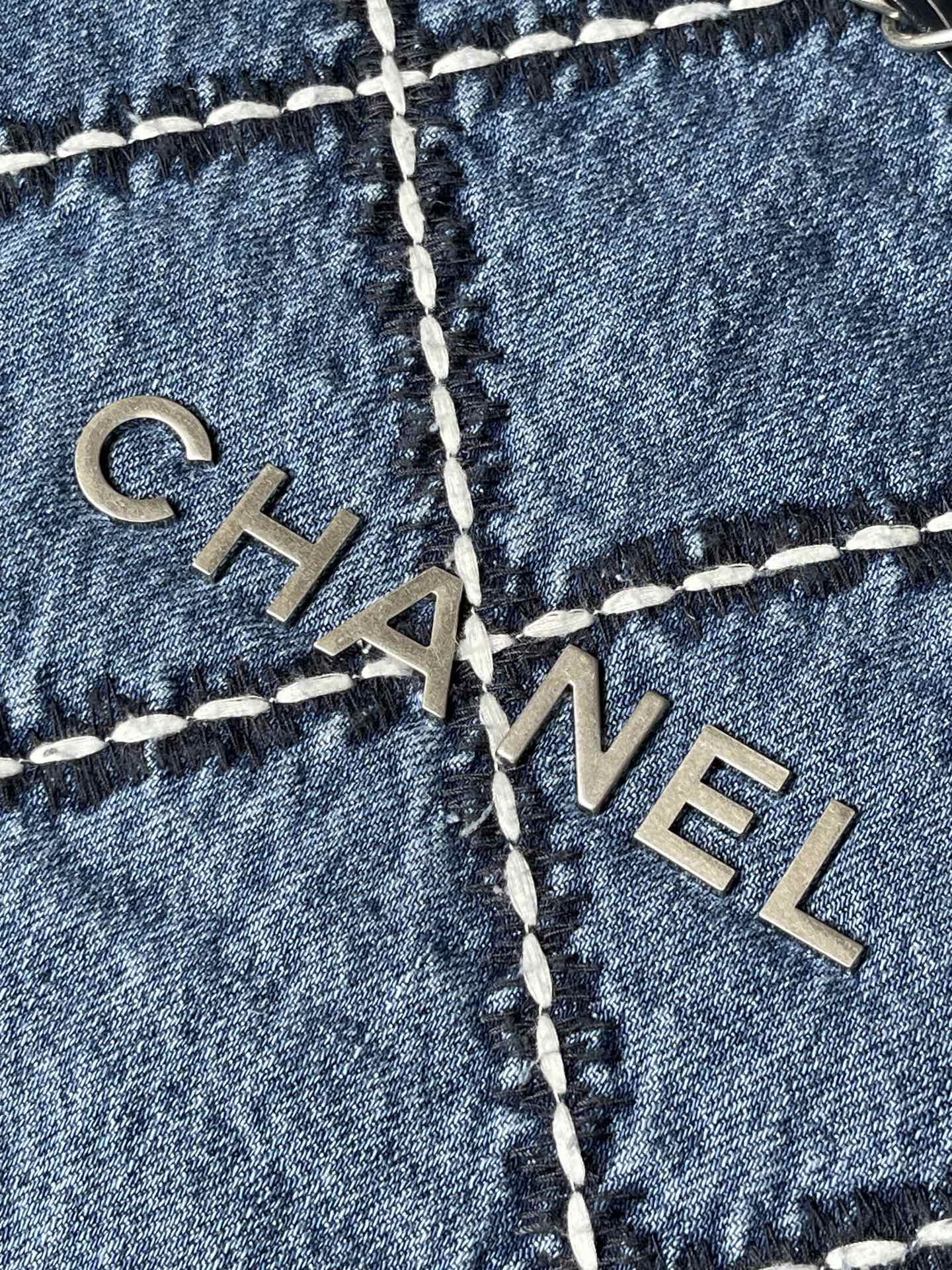 CHANEL LARGE 42 CROSSBODY BAG IN BLUE DENIM WITH CHAIN