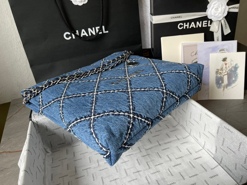 CHANEL LARGE 42 CROSSBODY BAG IN BLUE DENIM WITH CHAIN