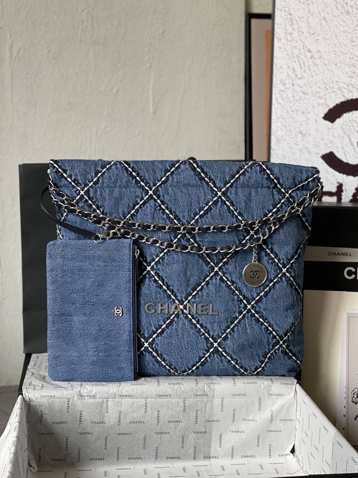 CHANEL LARGE 42 CROSSBODY BAG IN BLUE DENIM WITH CHAIN