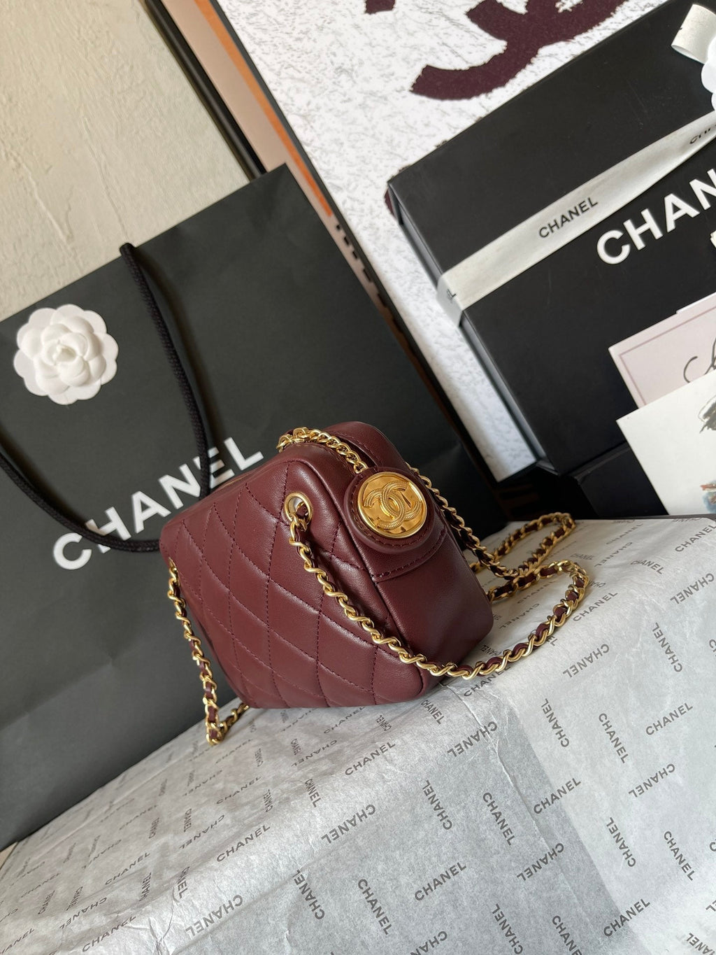 CHANEL CAMERA BAG 18 IN BUANEER RED QUILTED LAMBSKIN DOUBLE C GOLD COIN