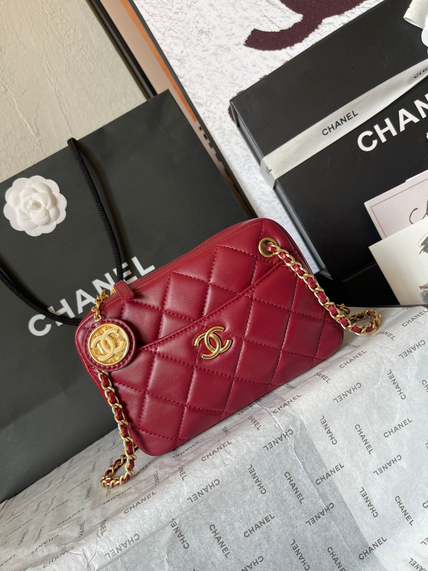 CHANEL CAMERA BAG 18 IN RED QUILTED LAMBSKIN DOUBLE C GOLD COIN
