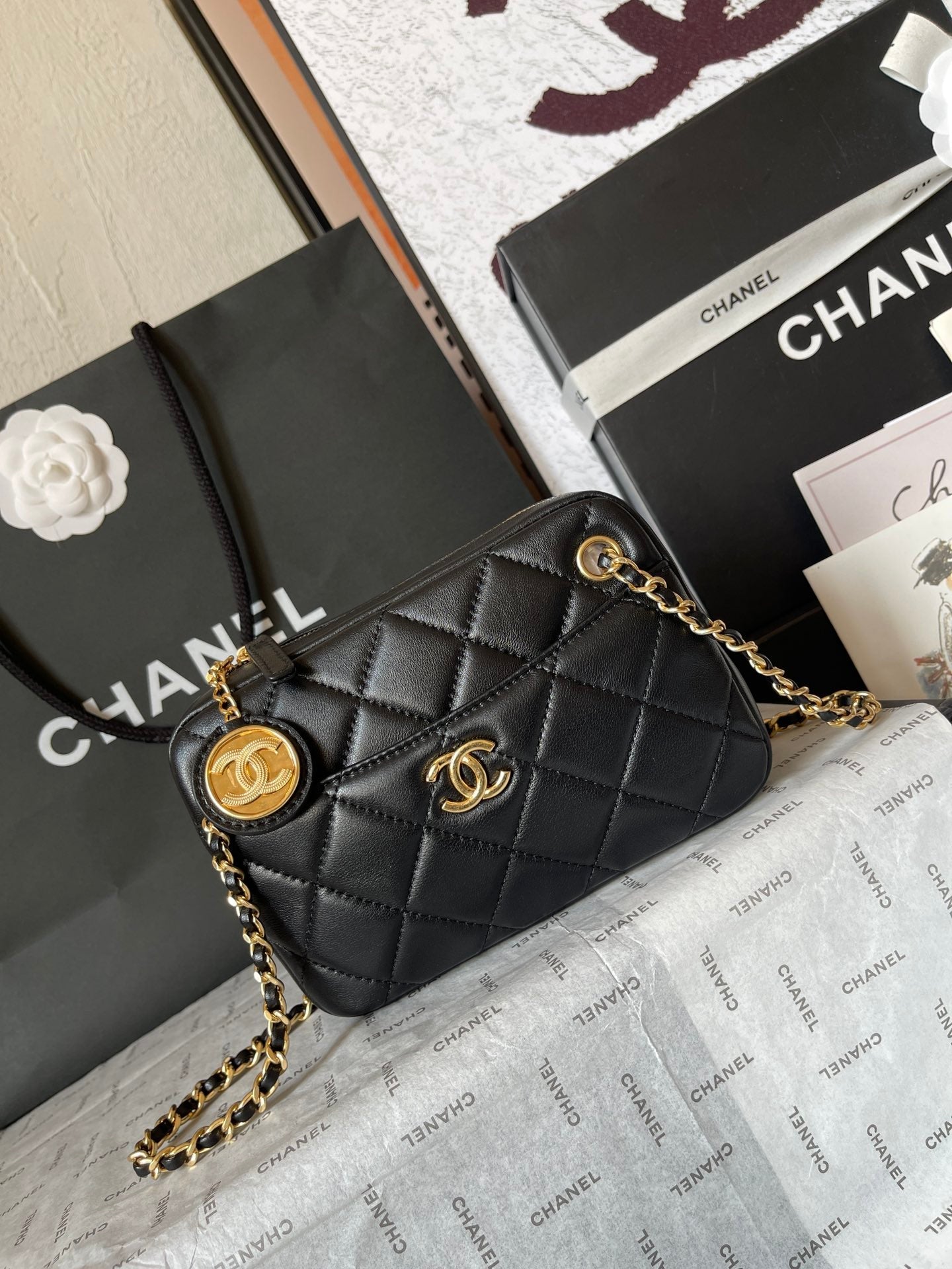 CHANEL CAMERA BAG 18 IN BLACK QUILTED LAMBSKIN DOUBLE C GOLD COIN