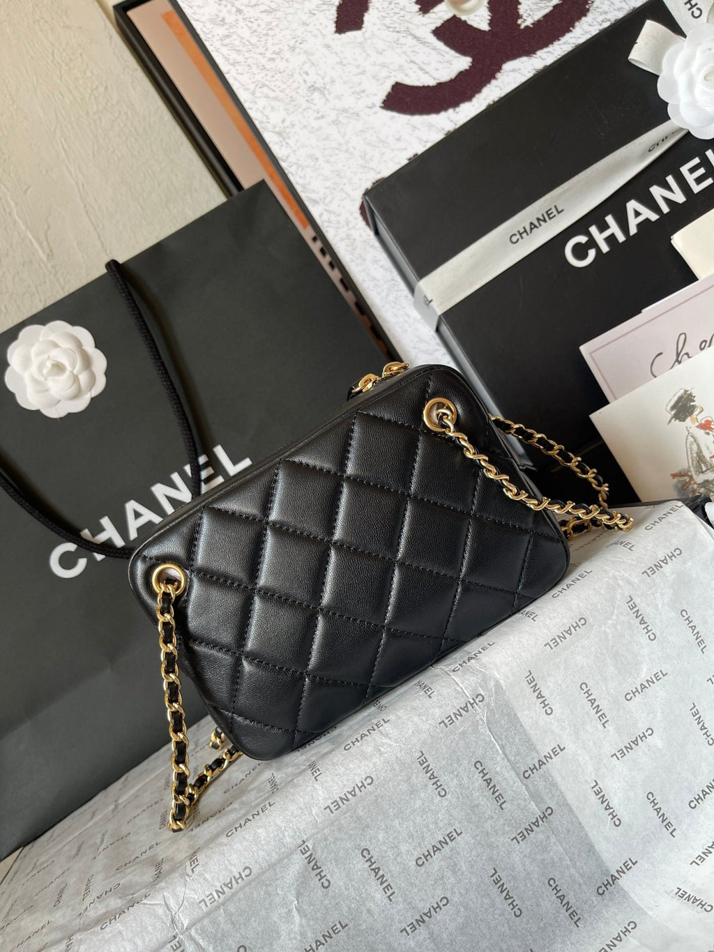 CHANEL CAMERA BAG 18 IN BLACK QUILTED LAMBSKIN DOUBLE C GOLD COIN