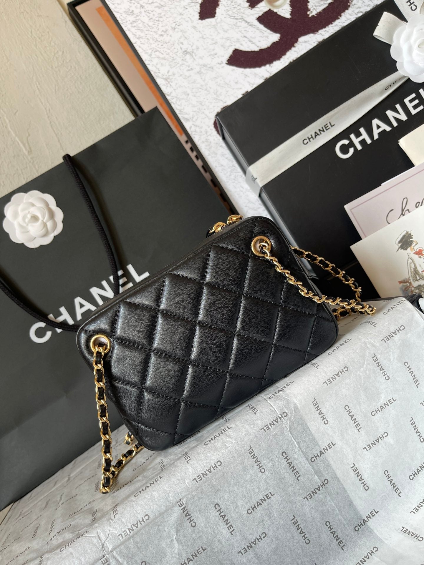 CHANEL CAMERA BAG 18 IN BLACK QUILTED LAMBSKIN DOUBLE C GOLD COIN