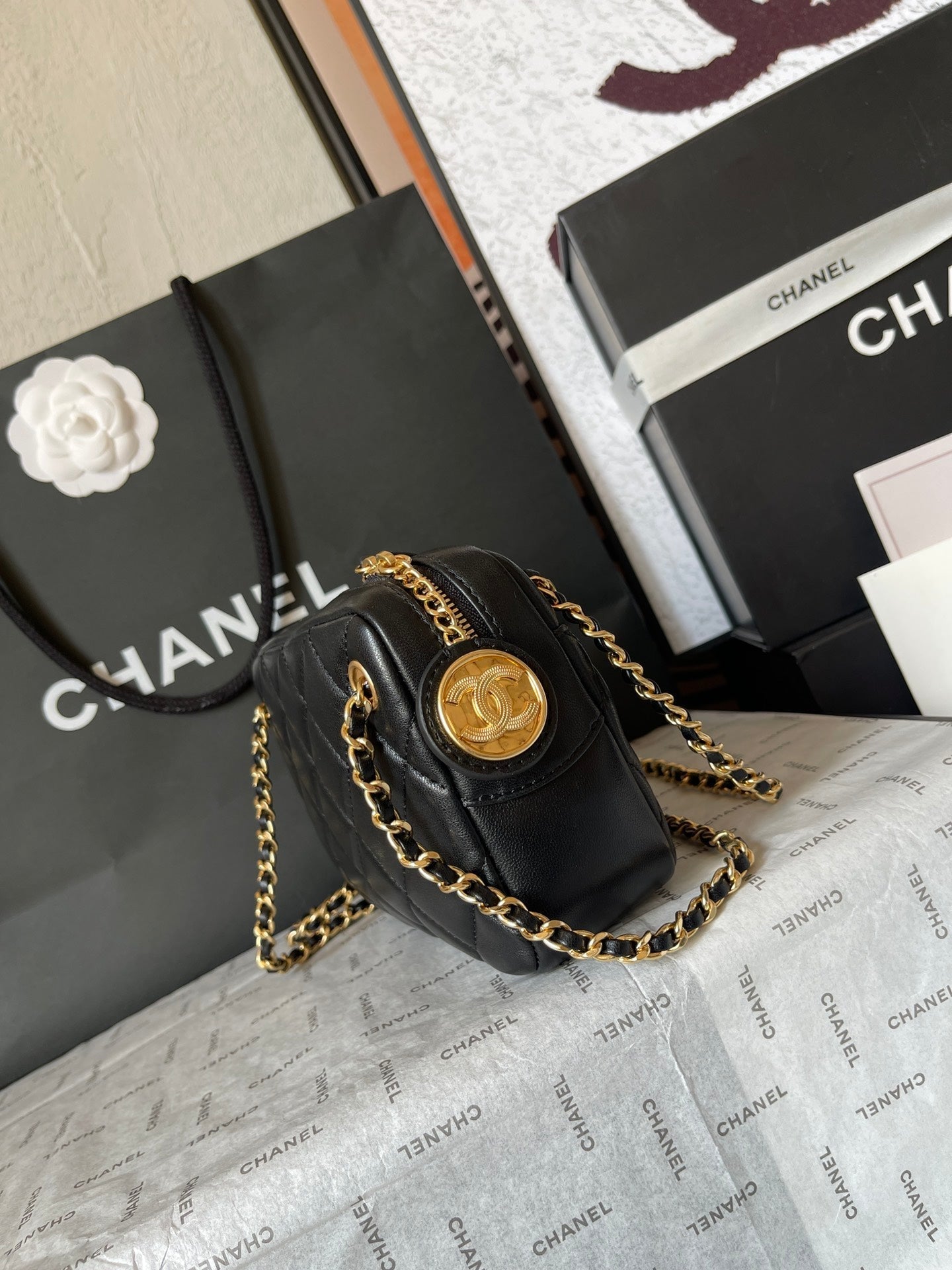CHANEL CAMERA BAG 18 IN BLACK QUILTED LAMBSKIN DOUBLE C GOLD COIN