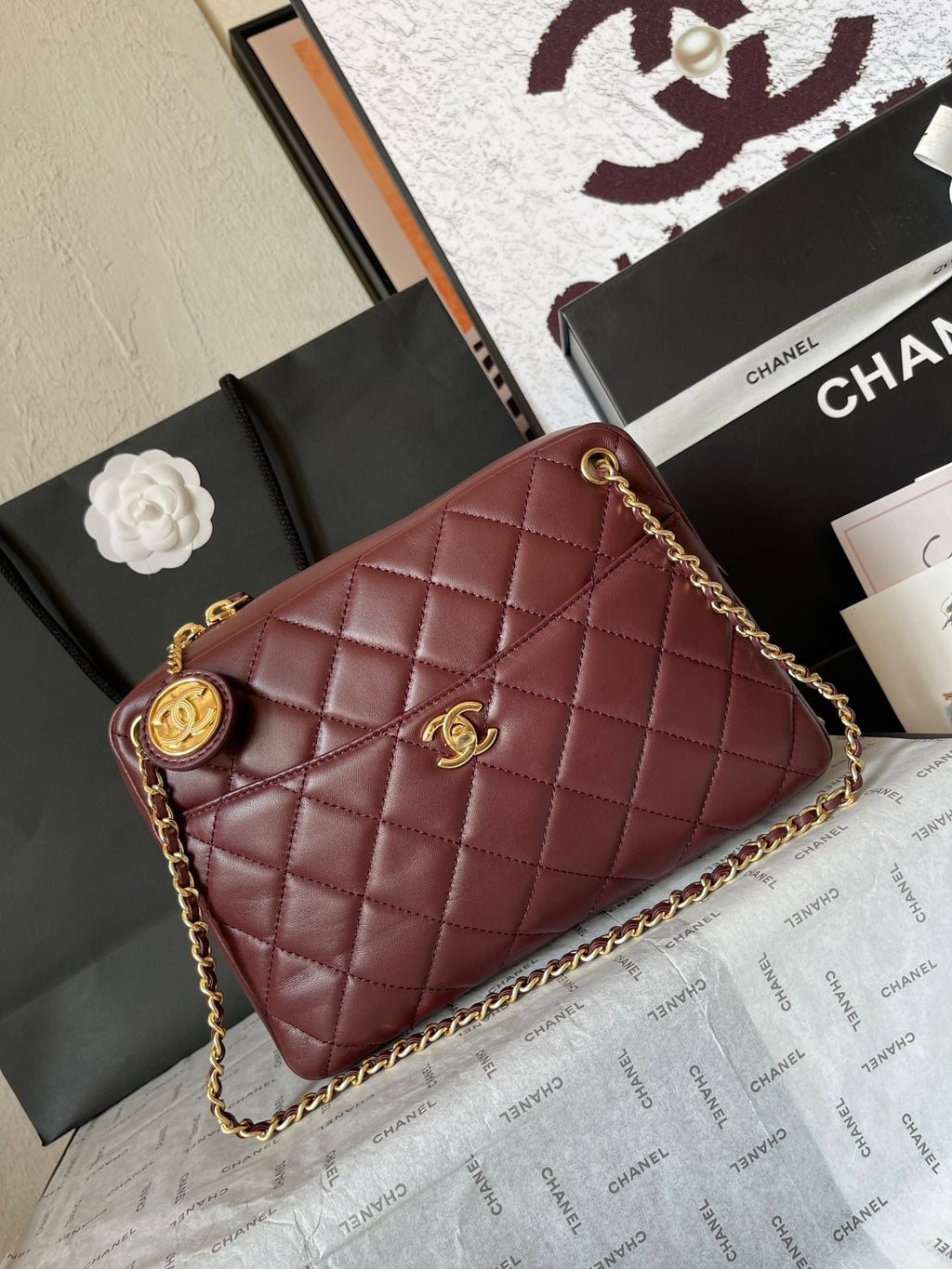 CHANEL CAMERA BAG 24 IN BUANEER RED QUILTED LAMBSKIN DOUBLE C GOLD COIN