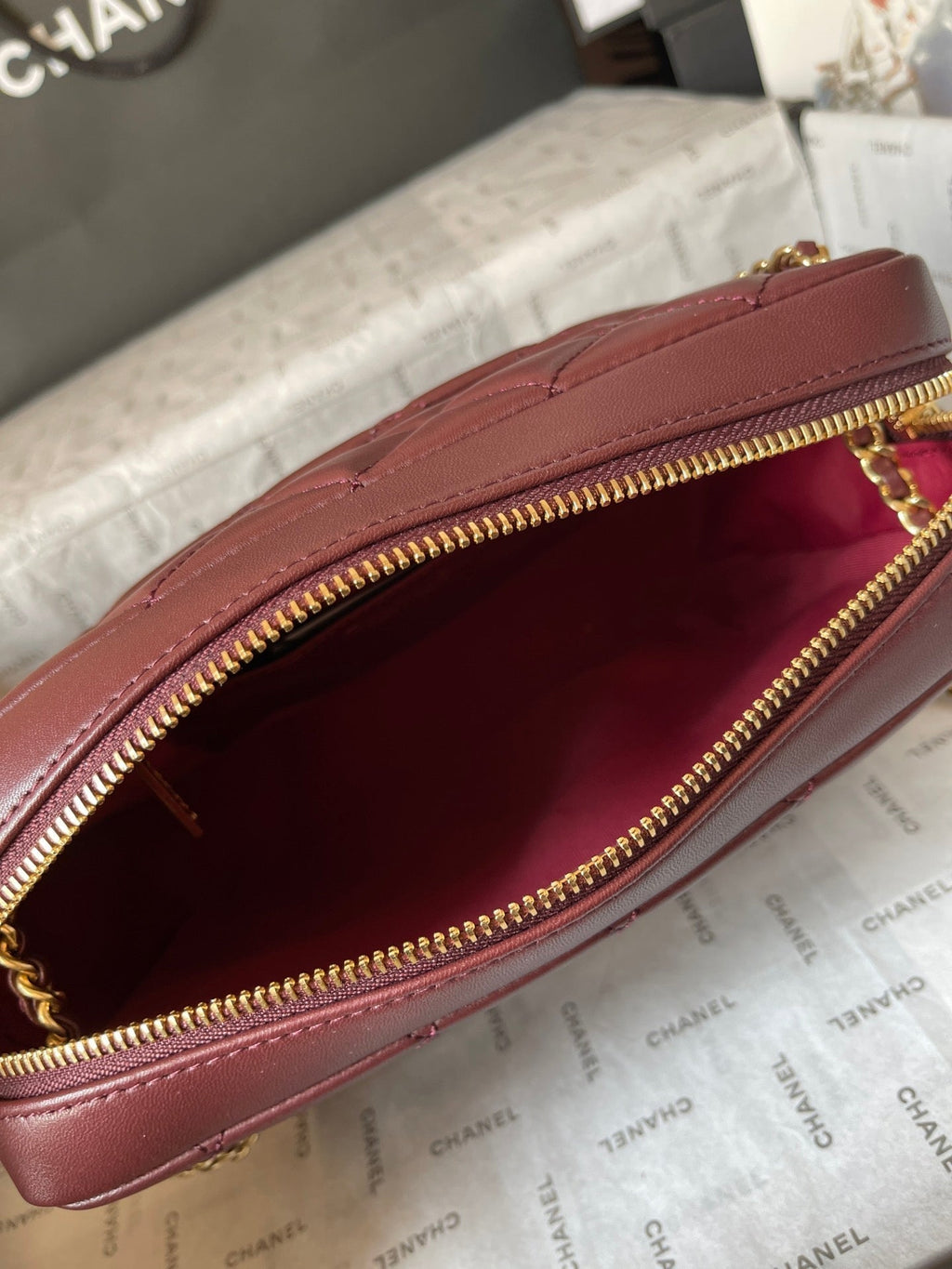CHANEL CAMERA BAG 24 IN BUANEER RED QUILTED LAMBSKIN DOUBLE C GOLD COIN