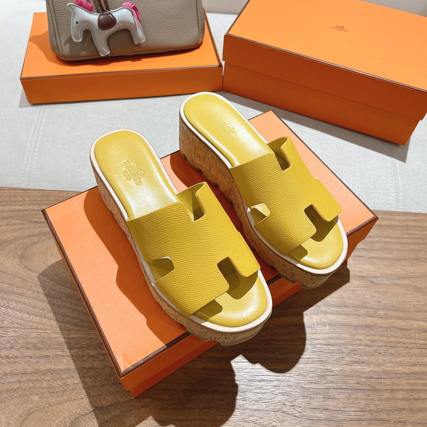 HERMES 25S HIGH WEDGE SANDALS IN DARK YELLOW LAMBSKIN STYLE 27