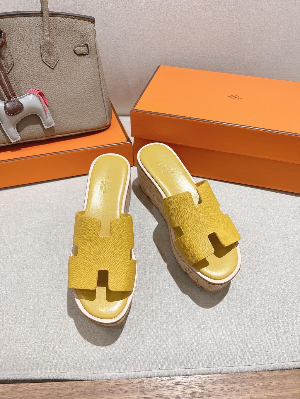 HERMES 25S HIGH WEDGE SANDALS IN DARK YELLOW LAMBSKIN STYLE 27