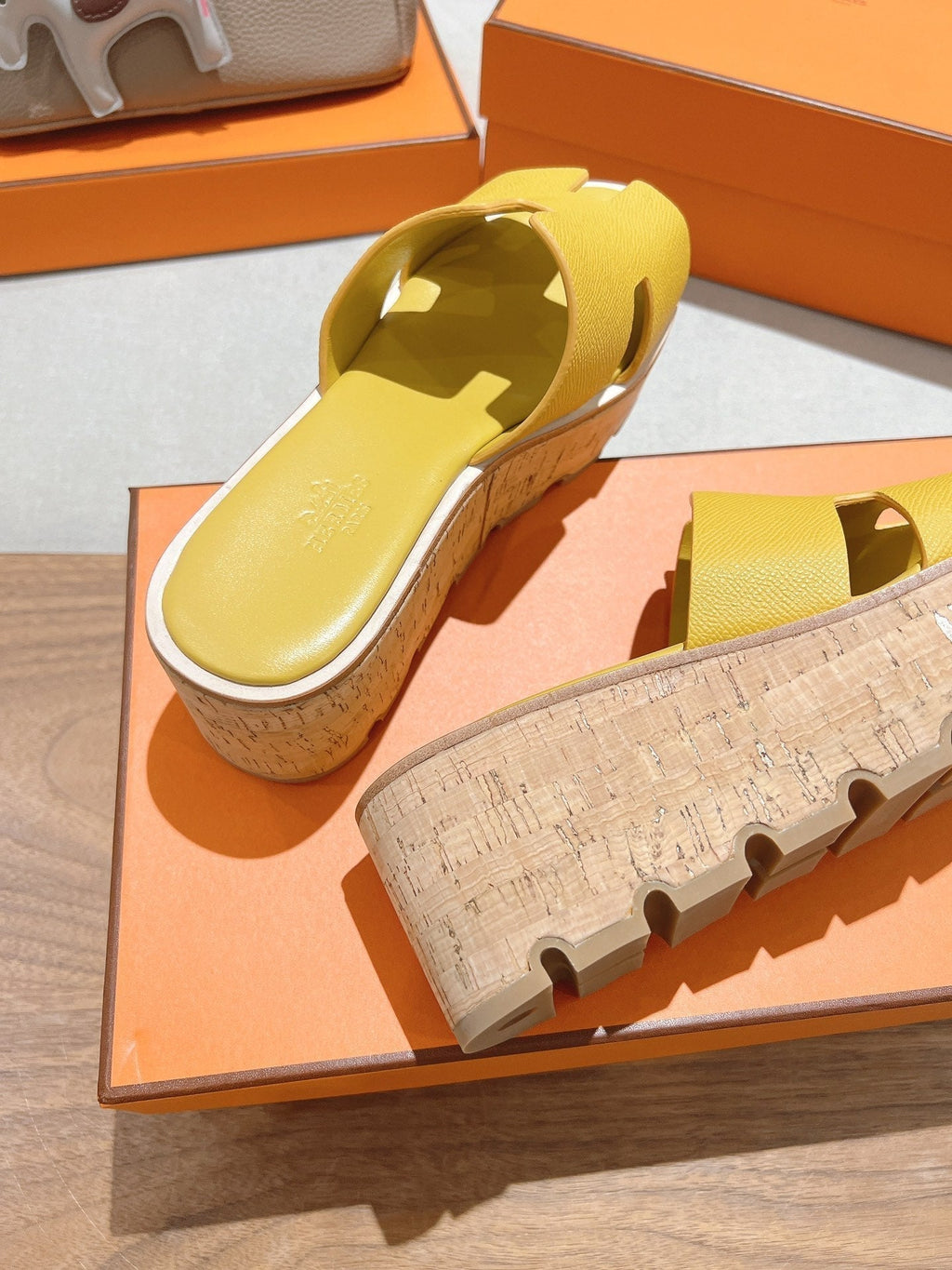 HERMES 25S HIGH WEDGE SANDALS IN DARK YELLOW LAMBSKIN STYLE 27