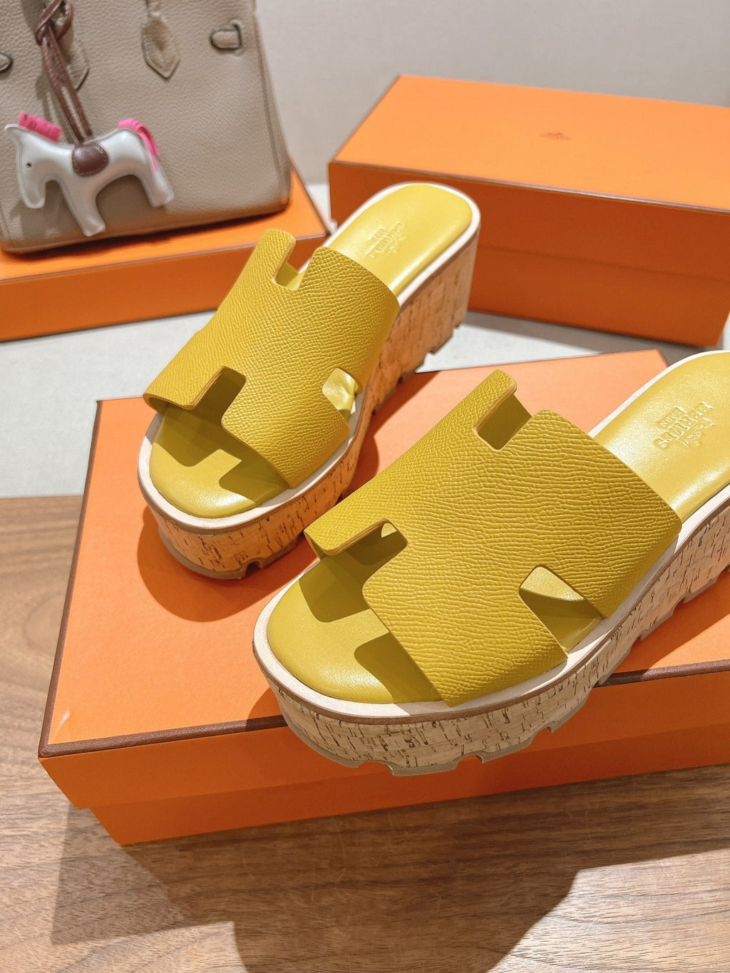 HERMES 25S HIGH WEDGE SANDALS IN DARK YELLOW LAMBSKIN STYLE 27