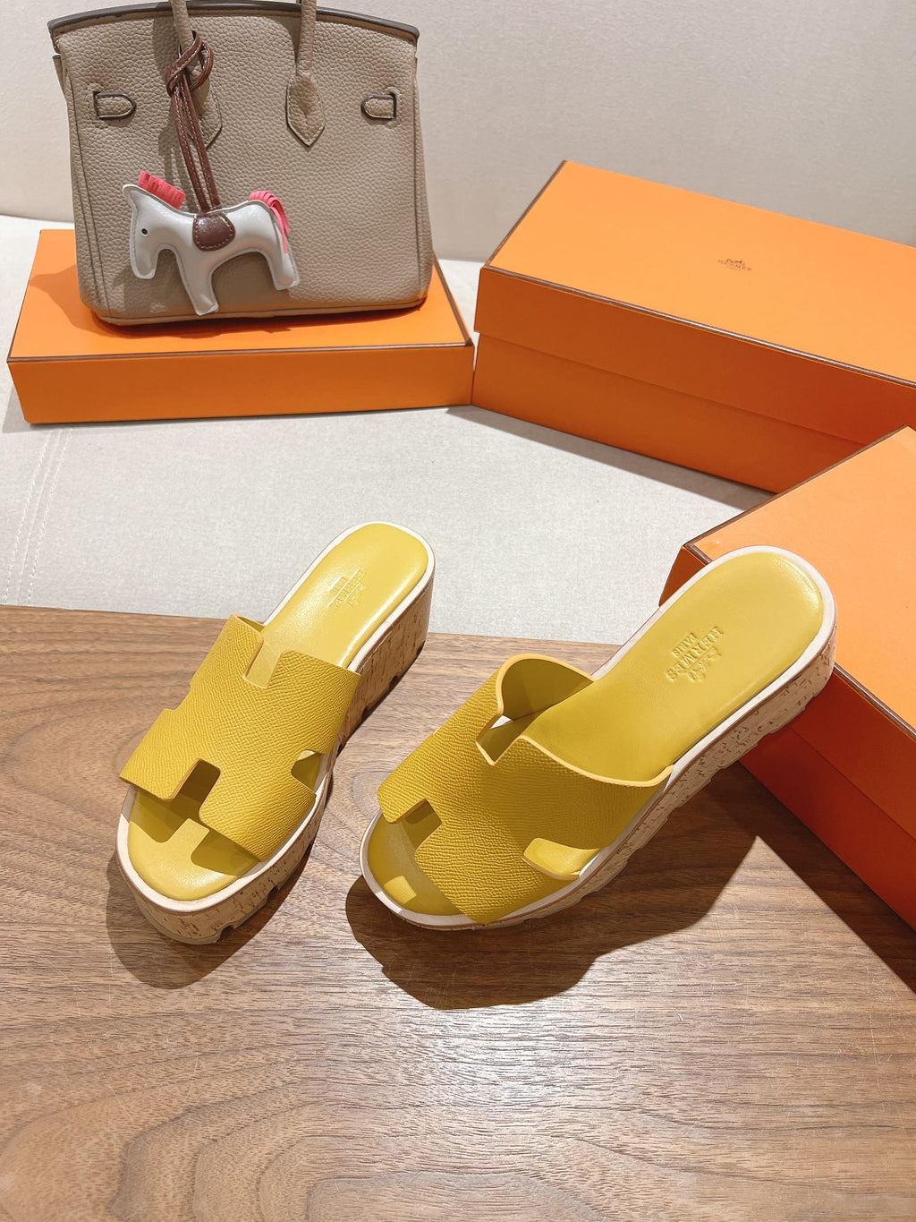 HERMES 25S HIGH WEDGE SANDALS IN DARK YELLOW LAMBSKIN STYLE 27