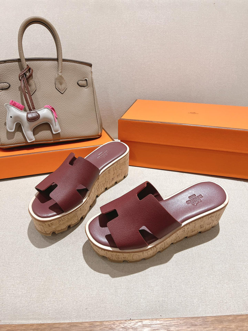 HERMES 25S HIGH WEDGE SANDALS IN RICH WINE RED LAMBSKIN STYLE 21