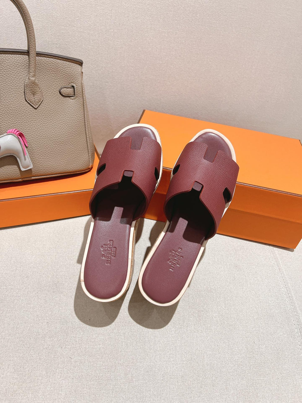 HERMES 25S HIGH WEDGE SANDALS IN RICH WINE RED LAMBSKIN STYLE 21