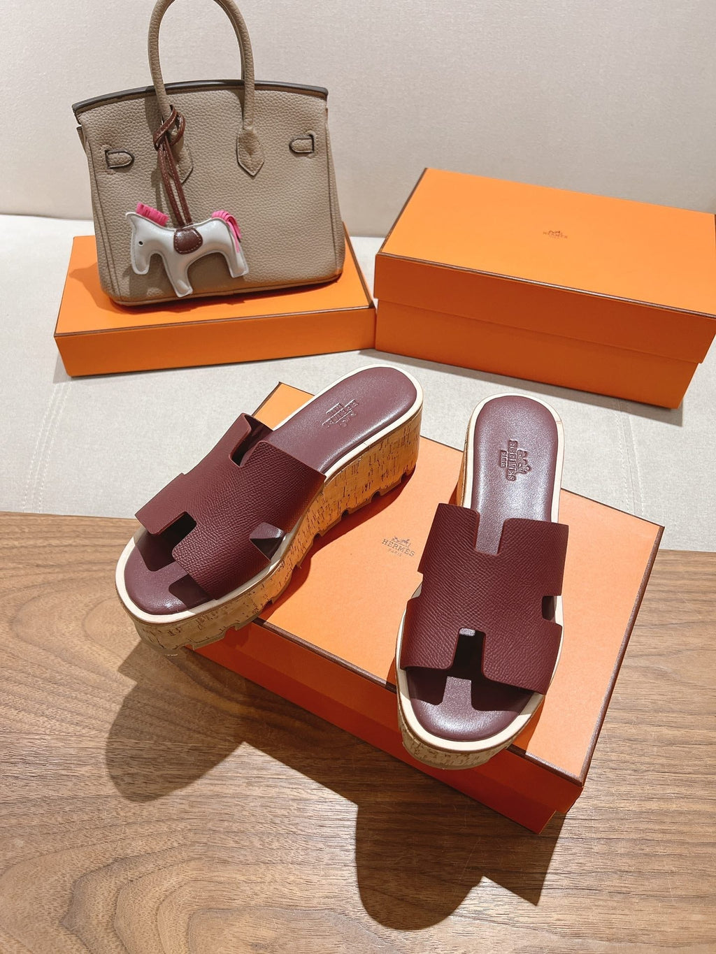 HERMES 25S HIGH WEDGE SANDALS IN RICH WINE RED LAMBSKIN STYLE 21