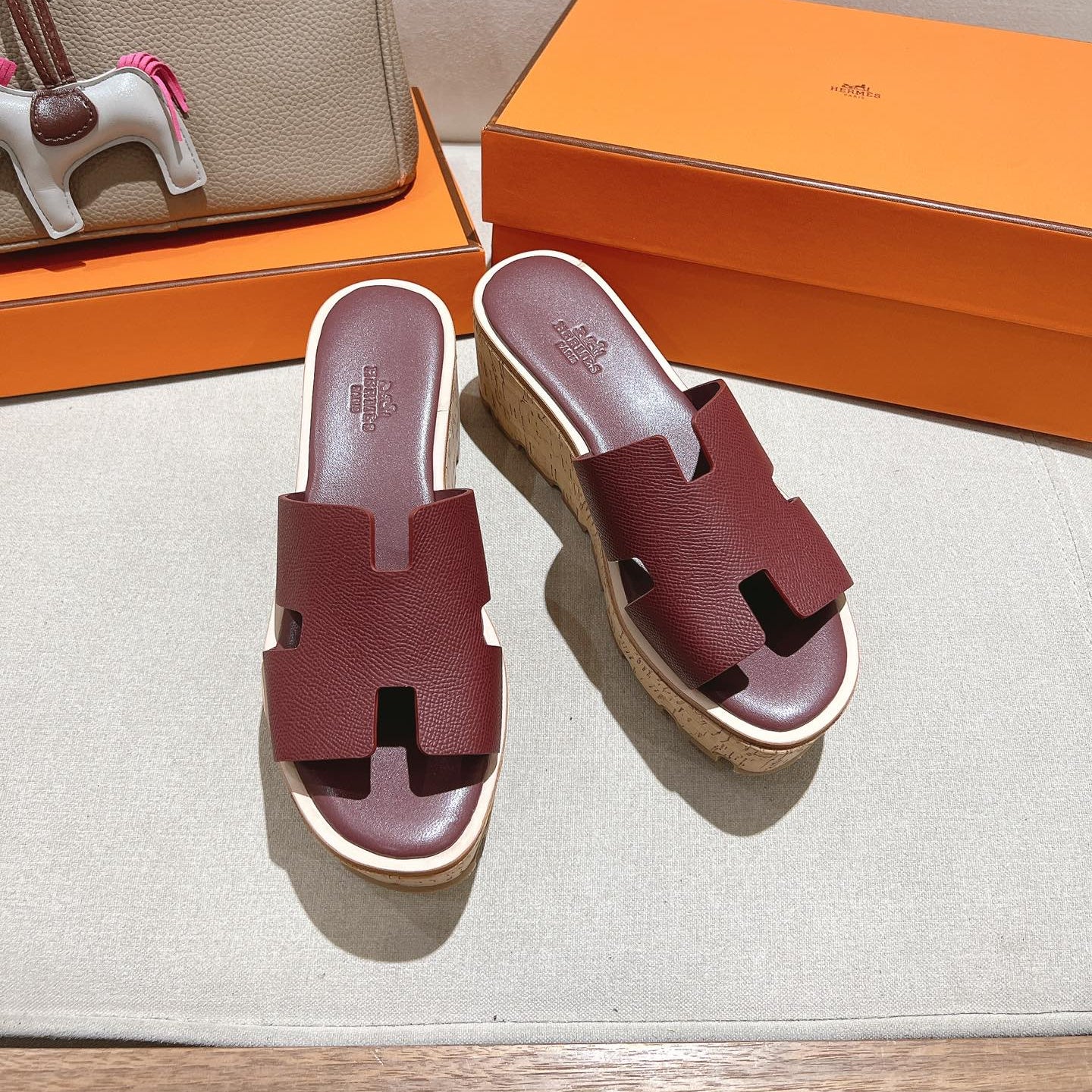 HERMES 25S HIGH WEDGE SANDALS IN RICH WINE RED LAMBSKIN STYLE 21