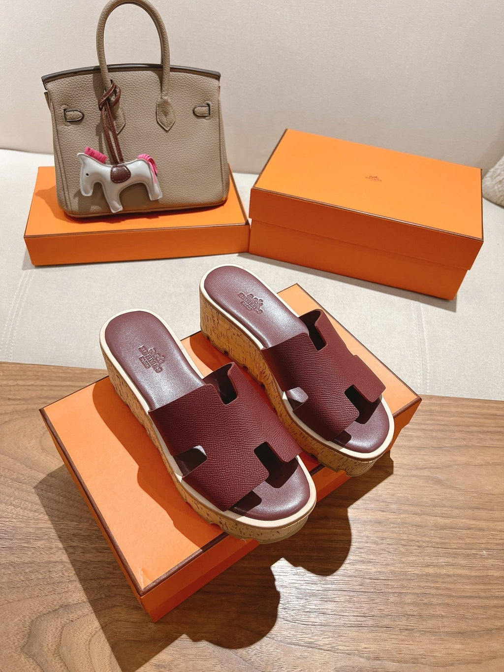 HERMES 25S HIGH WEDGE SANDALS IN RICH WINE RED LAMBSKIN STYLE 21