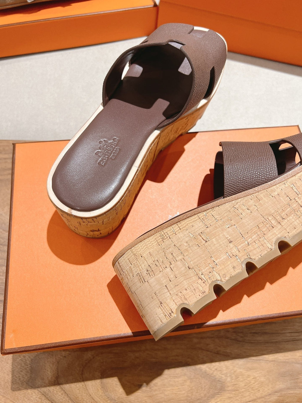 HERMES 25S HIGH WEDGE SANDALS IN DUSTY ROSE BROWN LAMBSKIN STYLE 19