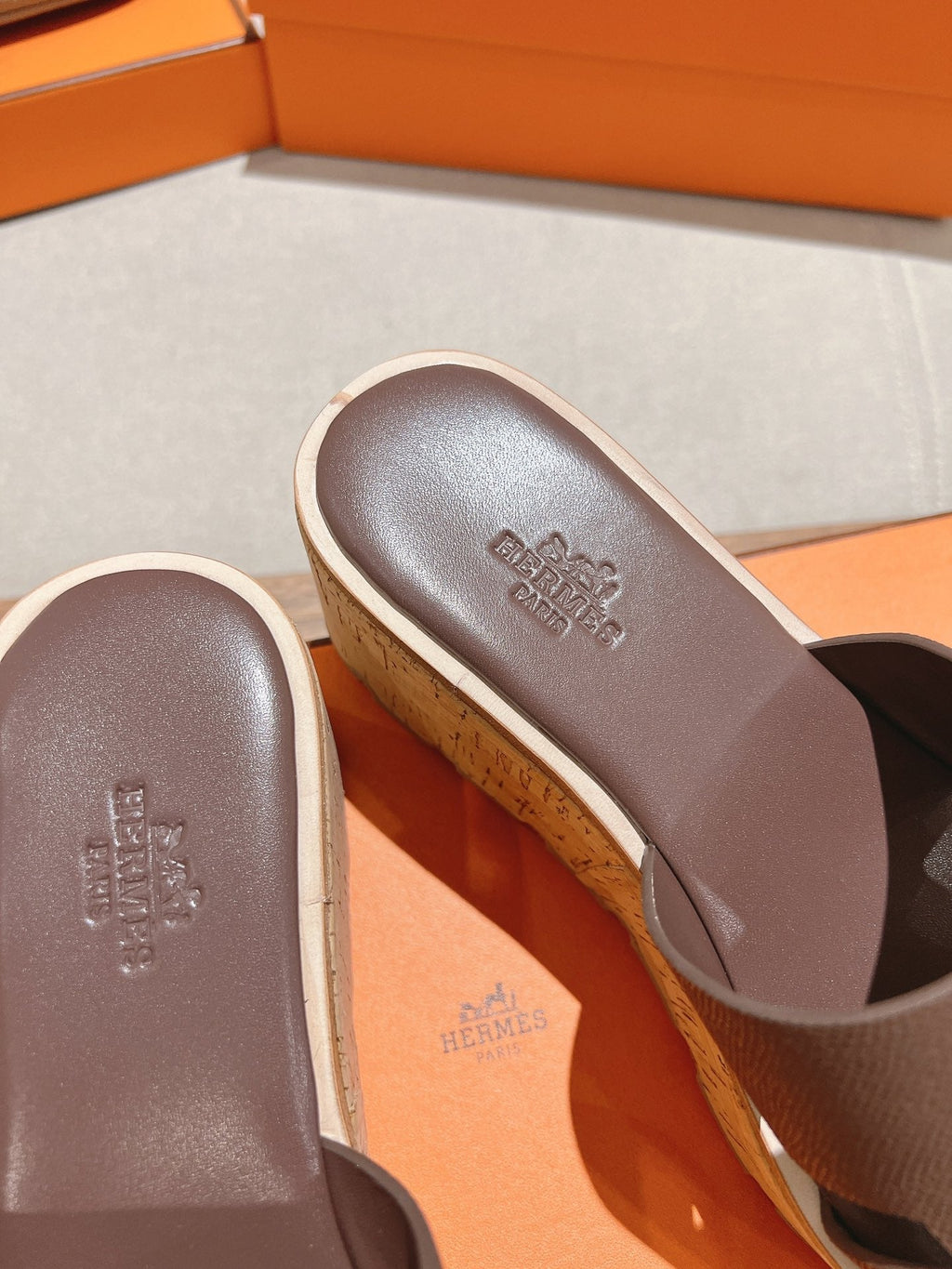 HERMES 25S HIGH WEDGE SANDALS IN DUSTY ROSE BROWN LAMBSKIN STYLE 19