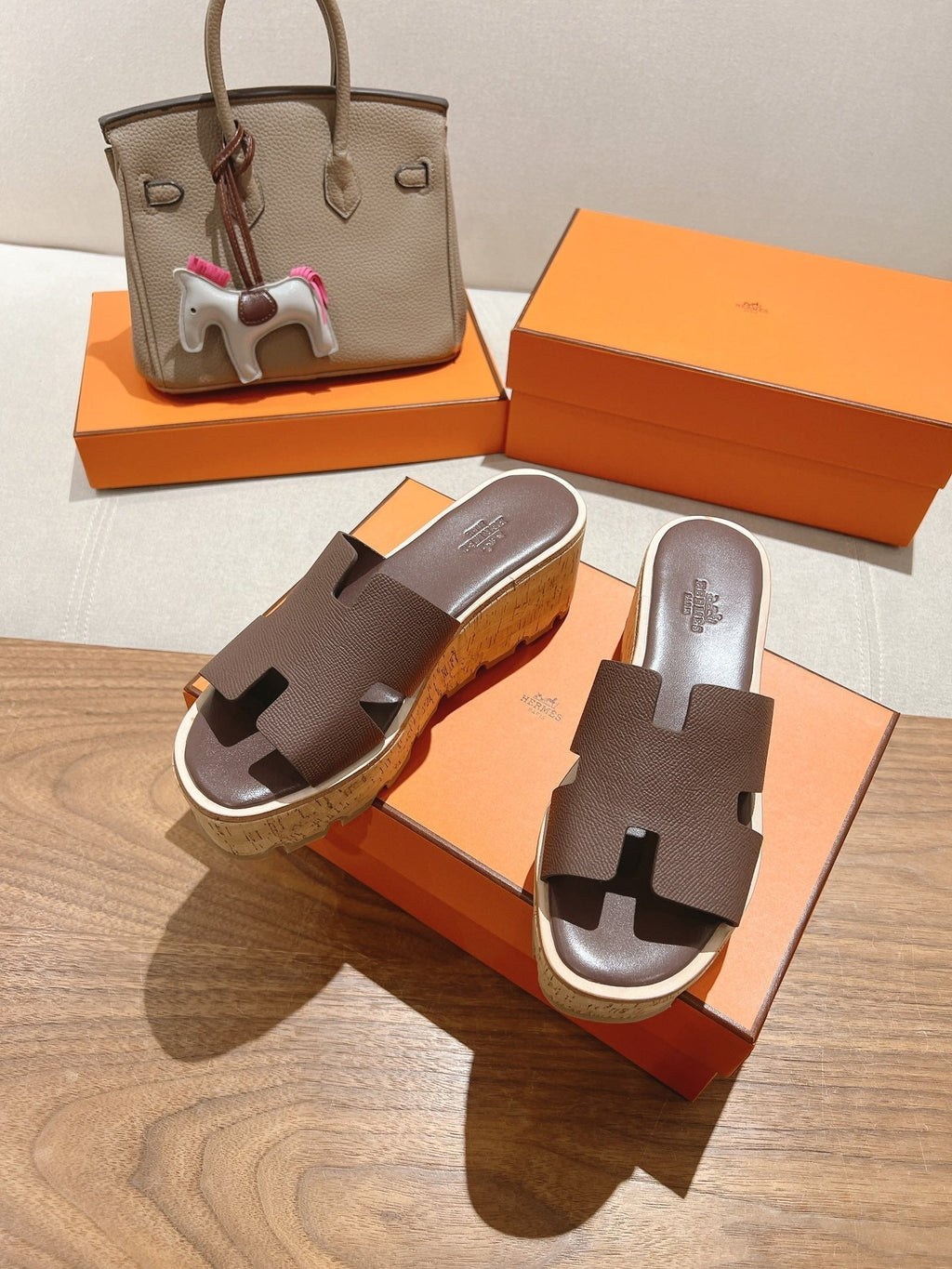 HERMES 25S HIGH WEDGE SANDALS IN DUSTY ROSE BROWN LAMBSKIN STYLE 19
