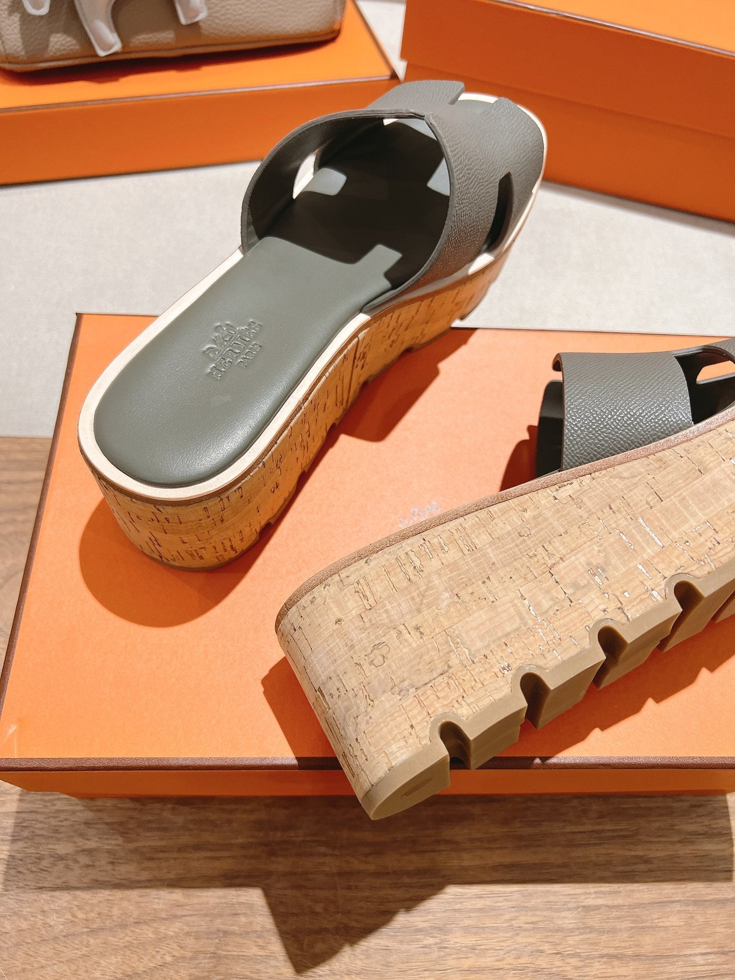 HERMES 25S HIGH WEDGE SANDALS IN DARK GREY LAMBSKIN STYLE 11
