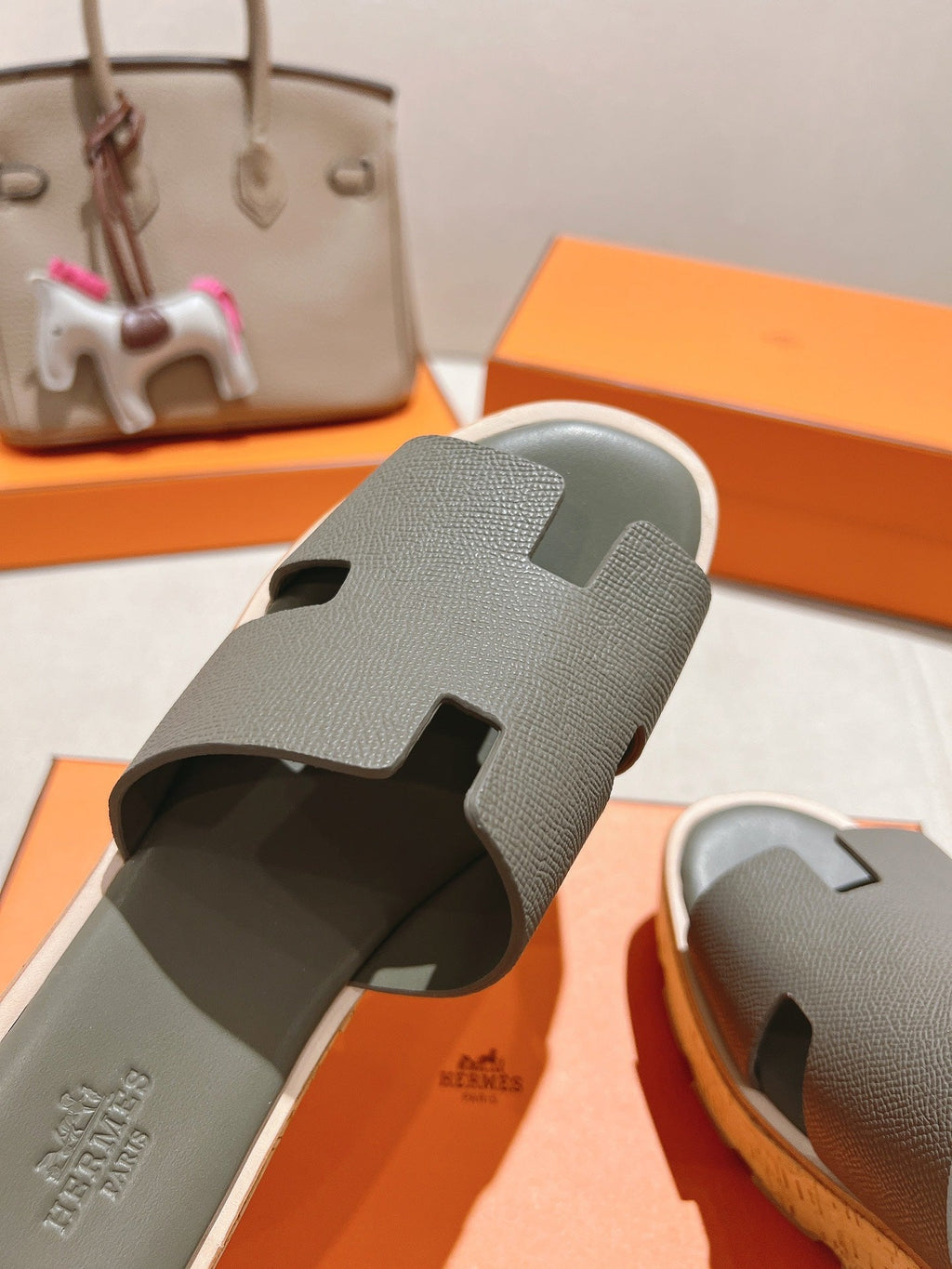 HERMES 25S HIGH WEDGE SANDALS IN DARK GREY LAMBSKIN STYLE 11