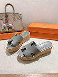 HERMES 25S HIGH WEDGE SANDALS IN LIGHT GREY LAMBSKIN STYLE 9