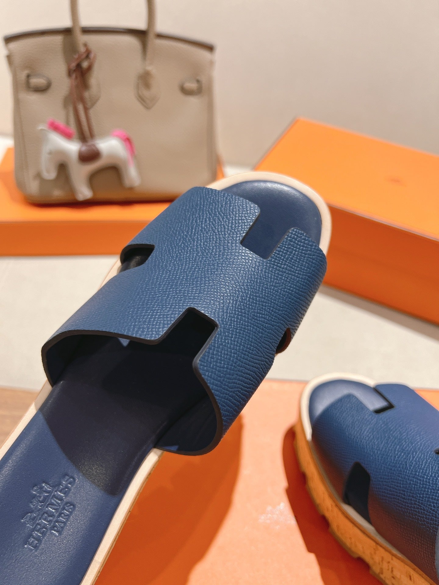 HERMES 25S HIGH WEDGE SANDALS IN DARK STEEL BLUE LAMBSKIN STYLE 18