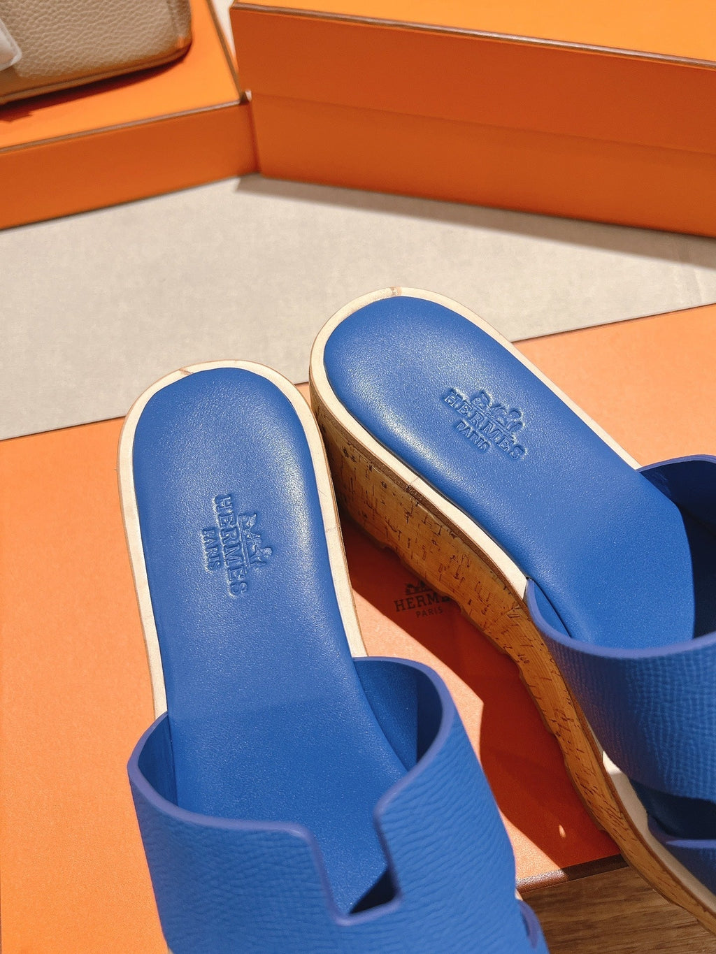 HERMES 25S HIGH WEDGE SANDALS IN COBALT BLUE LAMBSKIN STYLE 20