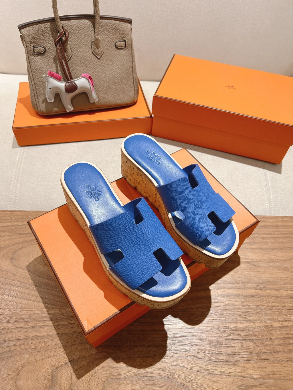HERMES 25S HIGH WEDGE SANDALS IN COBALT BLUE LAMBSKIN STYLE 20