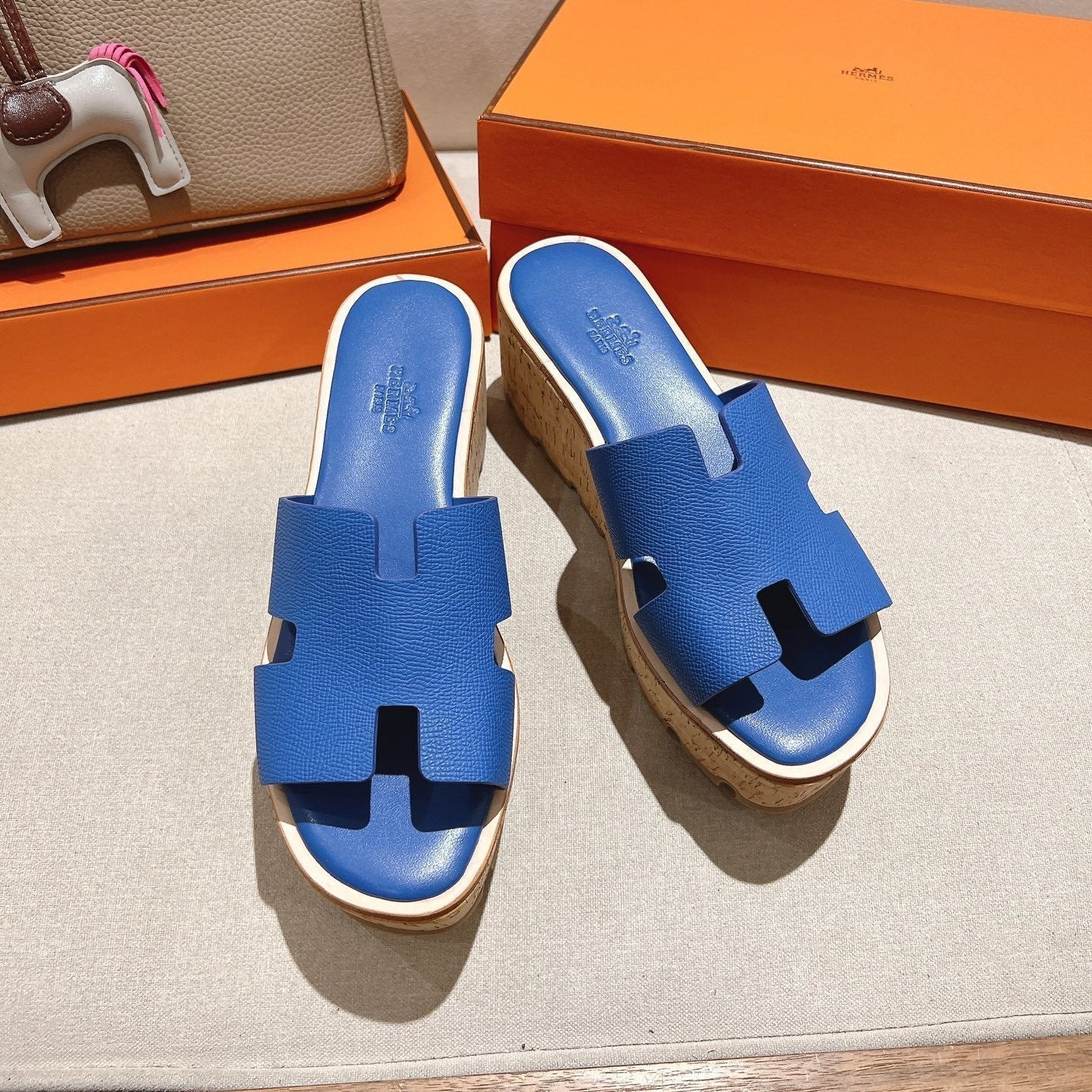 HERMES 25S HIGH WEDGE SANDALS IN COBALT BLUE LAMBSKIN STYLE 20