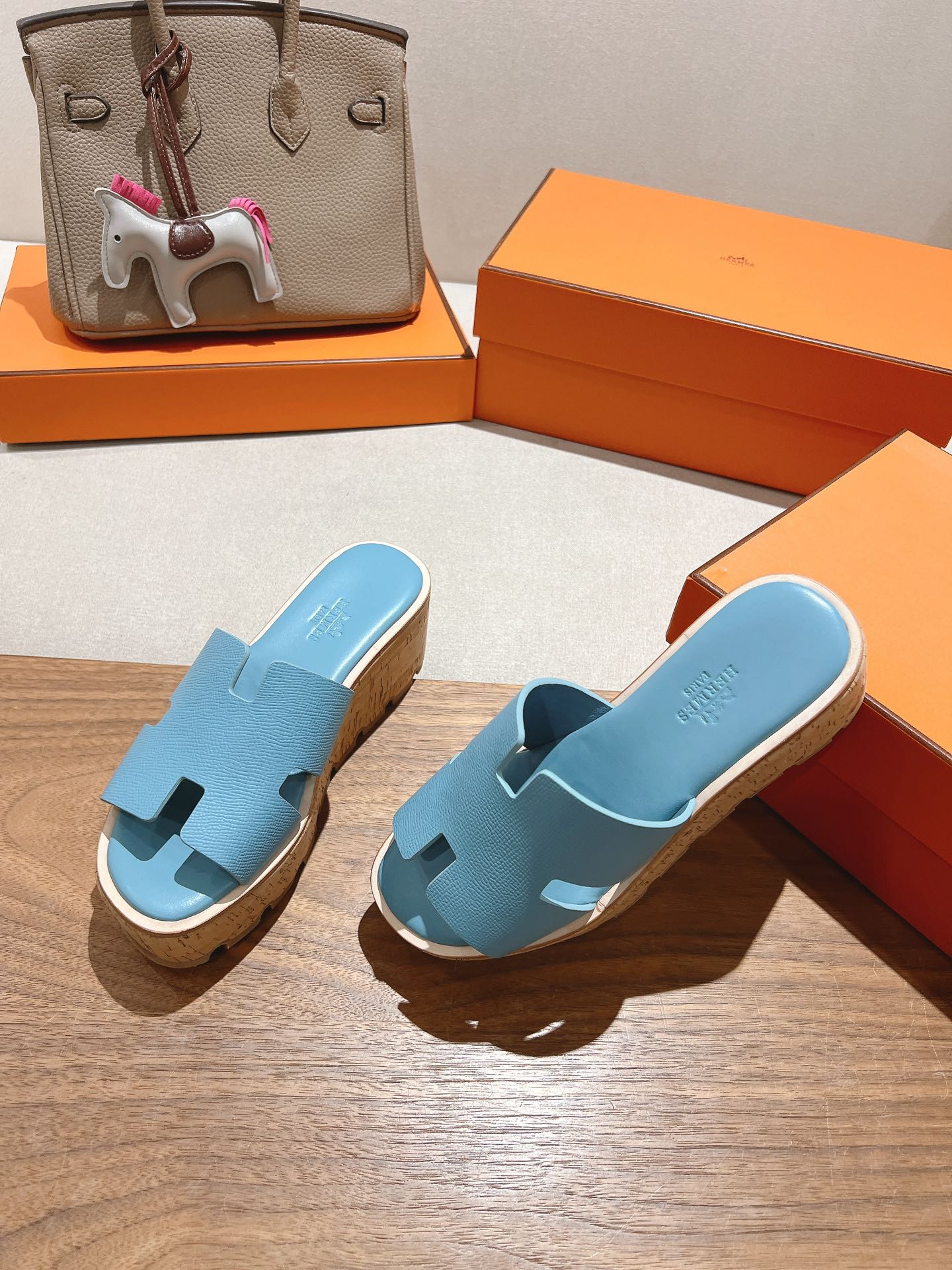 HERMES 25S HIGH WEDGE SANDALS IN SKY BLUE LAMBSKIN STYLE 8