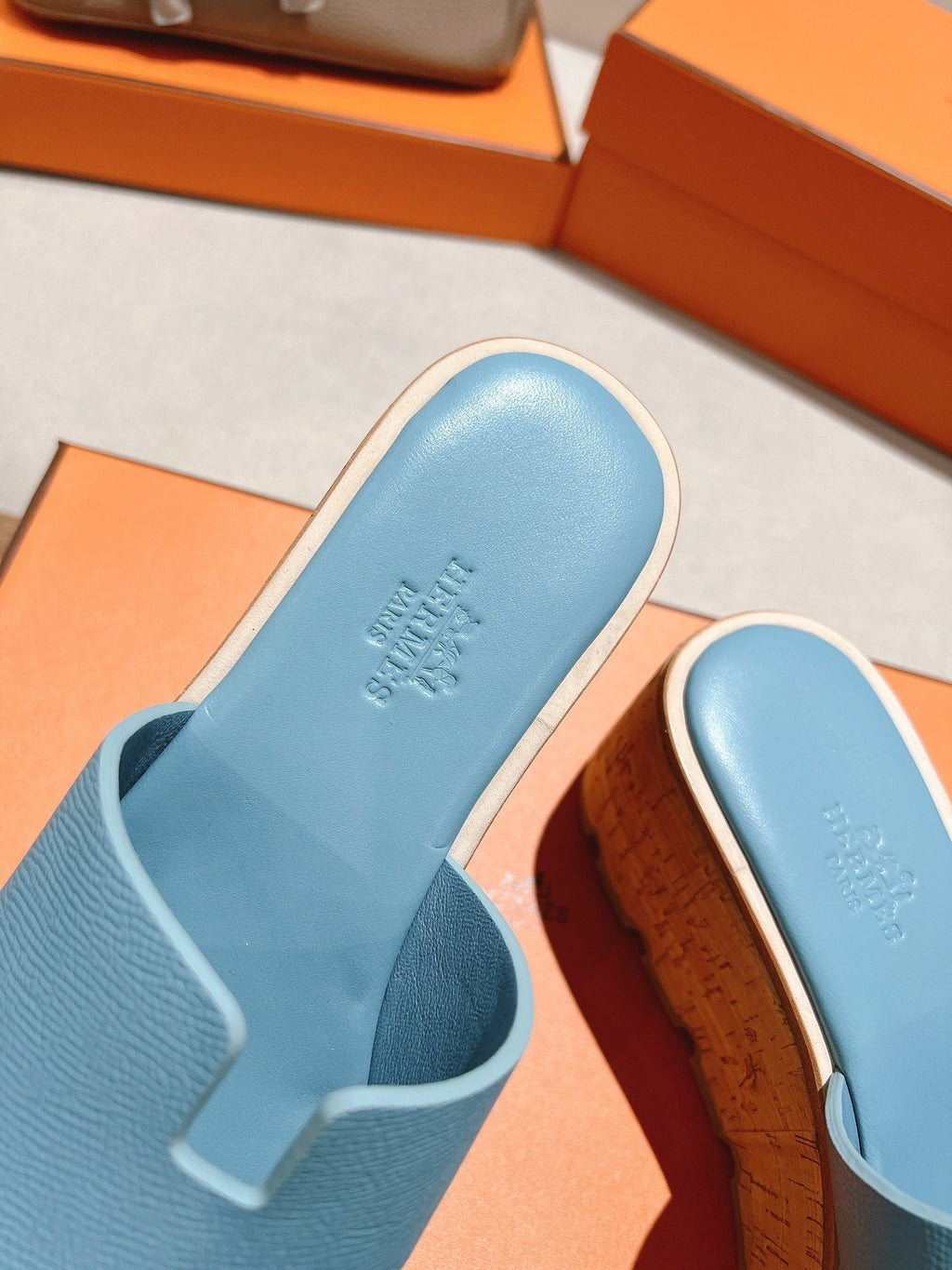 HERMES 25S HIGH WEDGE SANDALS IN SKY BLUE LAMBSKIN STYLE 8