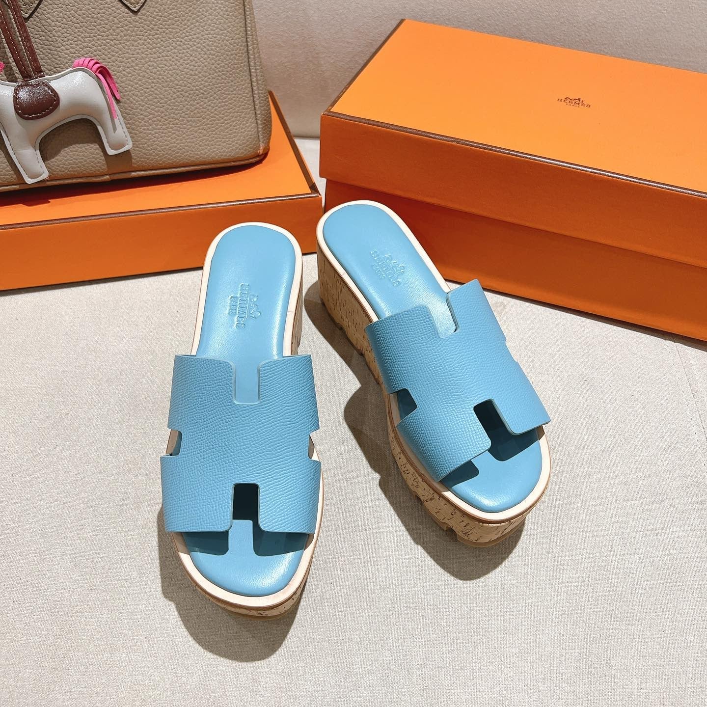 HERMES 25S HIGH WEDGE SANDALS IN SKY BLUE LAMBSKIN STYLE 8