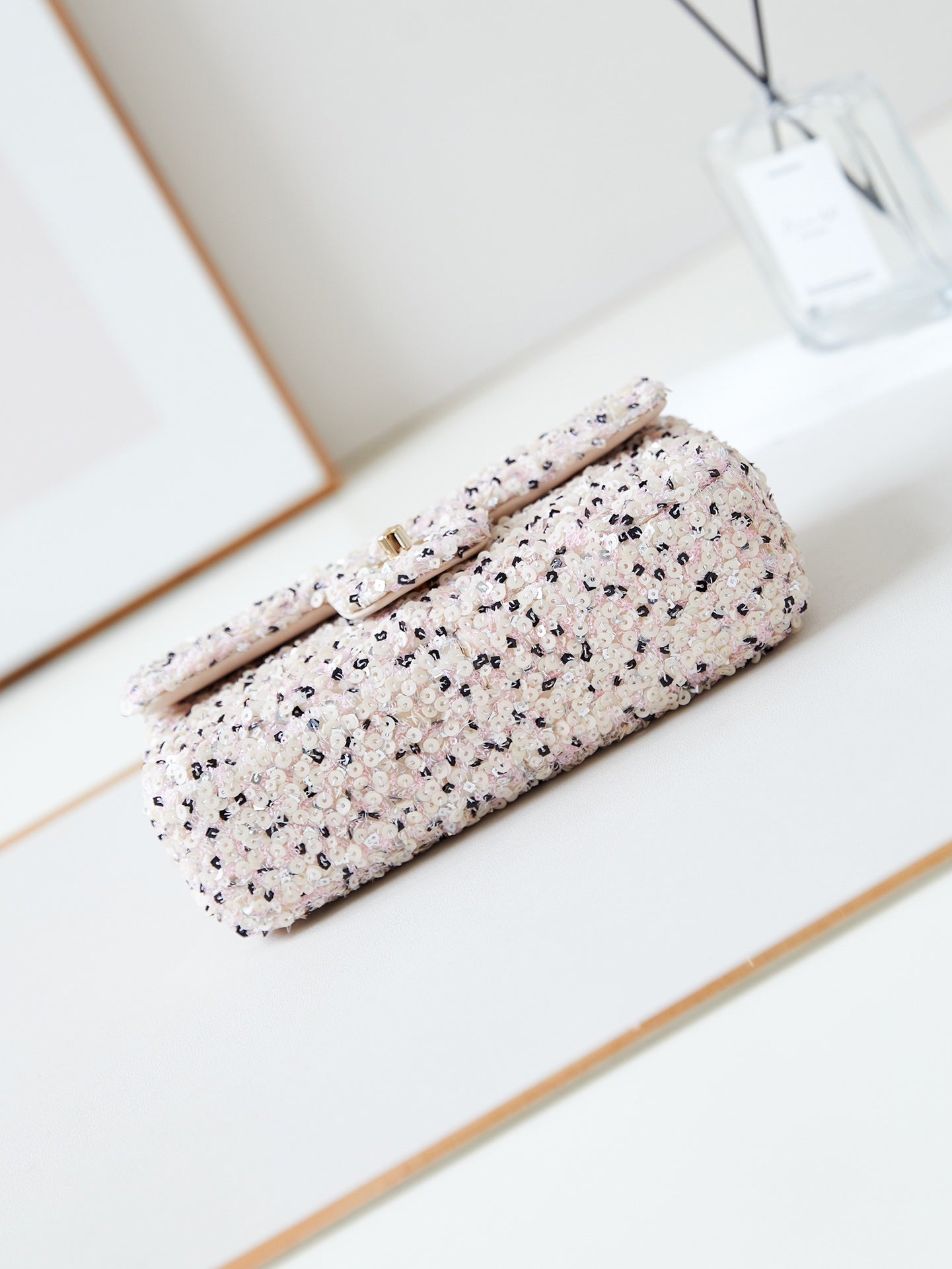 CHANEL 25S FLAP BAG 20 IN LIGHT PINK MIX BLACK SEQUINS