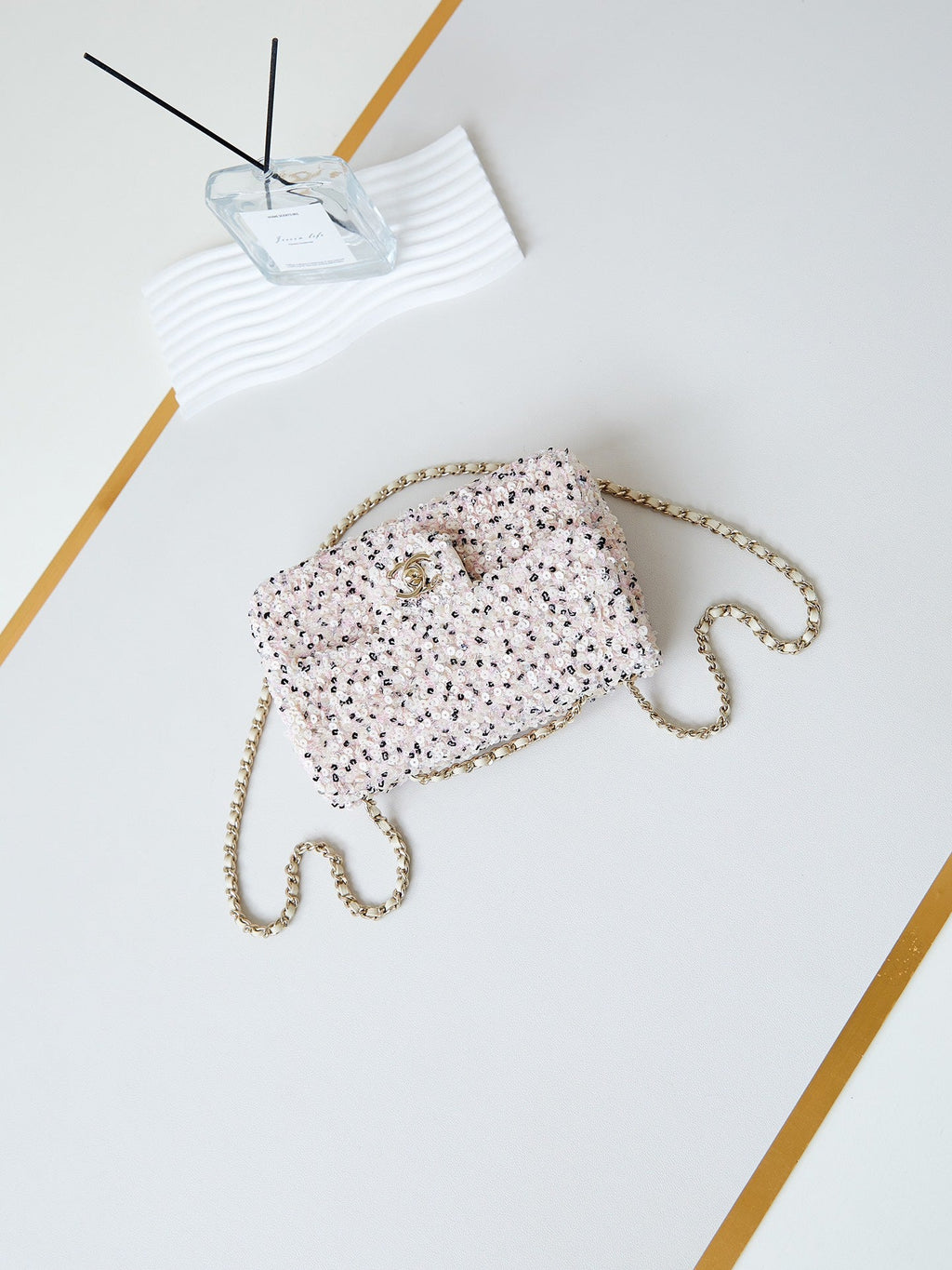 CHANEL 25S FLAP BAG 20 IN LIGHT PINK MIX BLACK SEQUINS