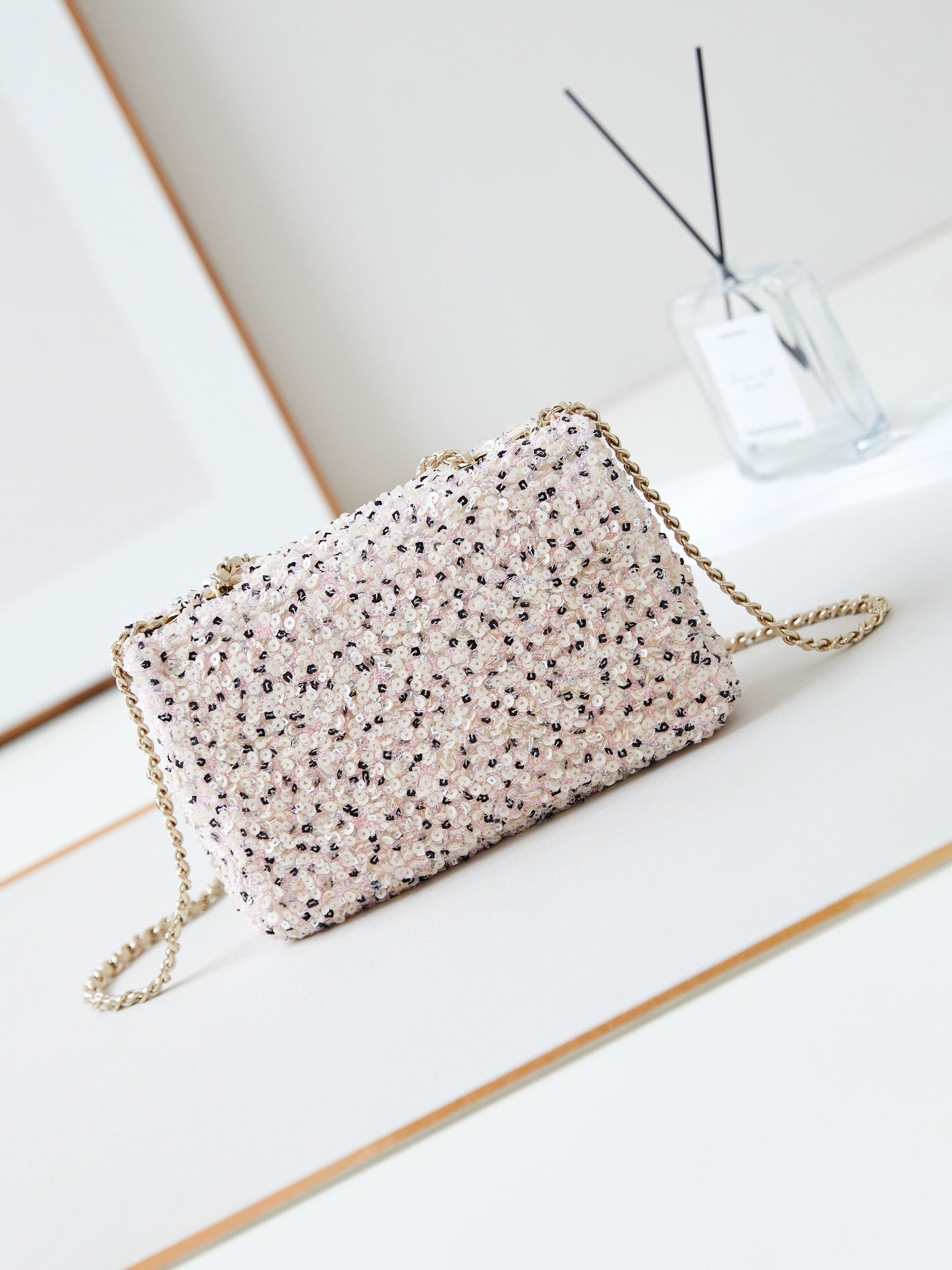 CHANEL 25S FLAP BAG 20 IN LIGHT PINK MIX BLACK SEQUINS