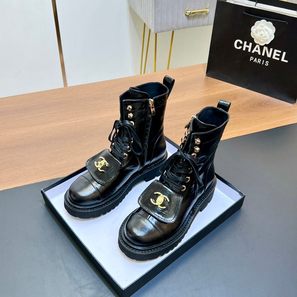 CHANEL 25S HIGH ANKLE BOOTS WITH ZIPPER IN BLACK FULL CALFSKIN GOLD HARDWARE