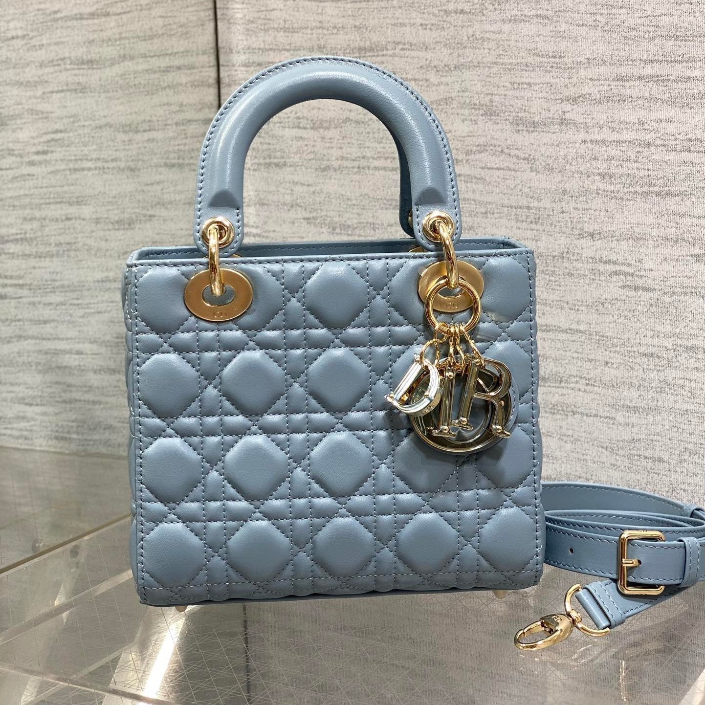 DIOR LADY MINI BAG 20 IN CERULEAN BLUE LAMBSKIN