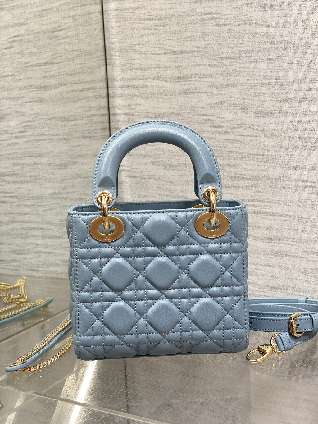 DIOR LADY MINI BAG 17 IN CERULEAN BLUE LAMBSKIN