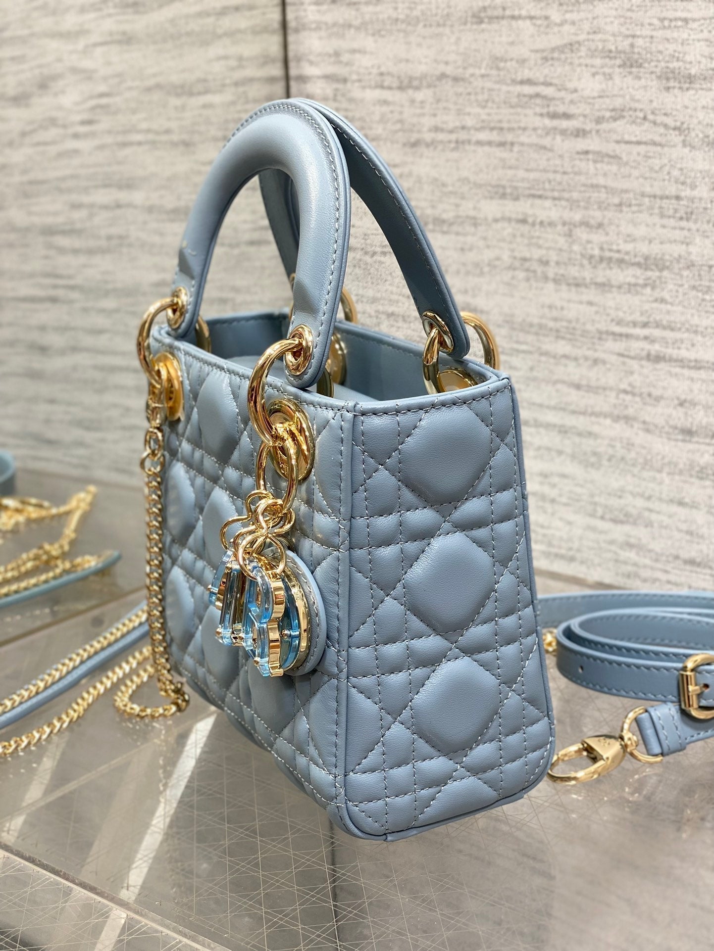 DIOR LADY MINI BAG 17 IN CERULEAN BLUE LAMBSKIN