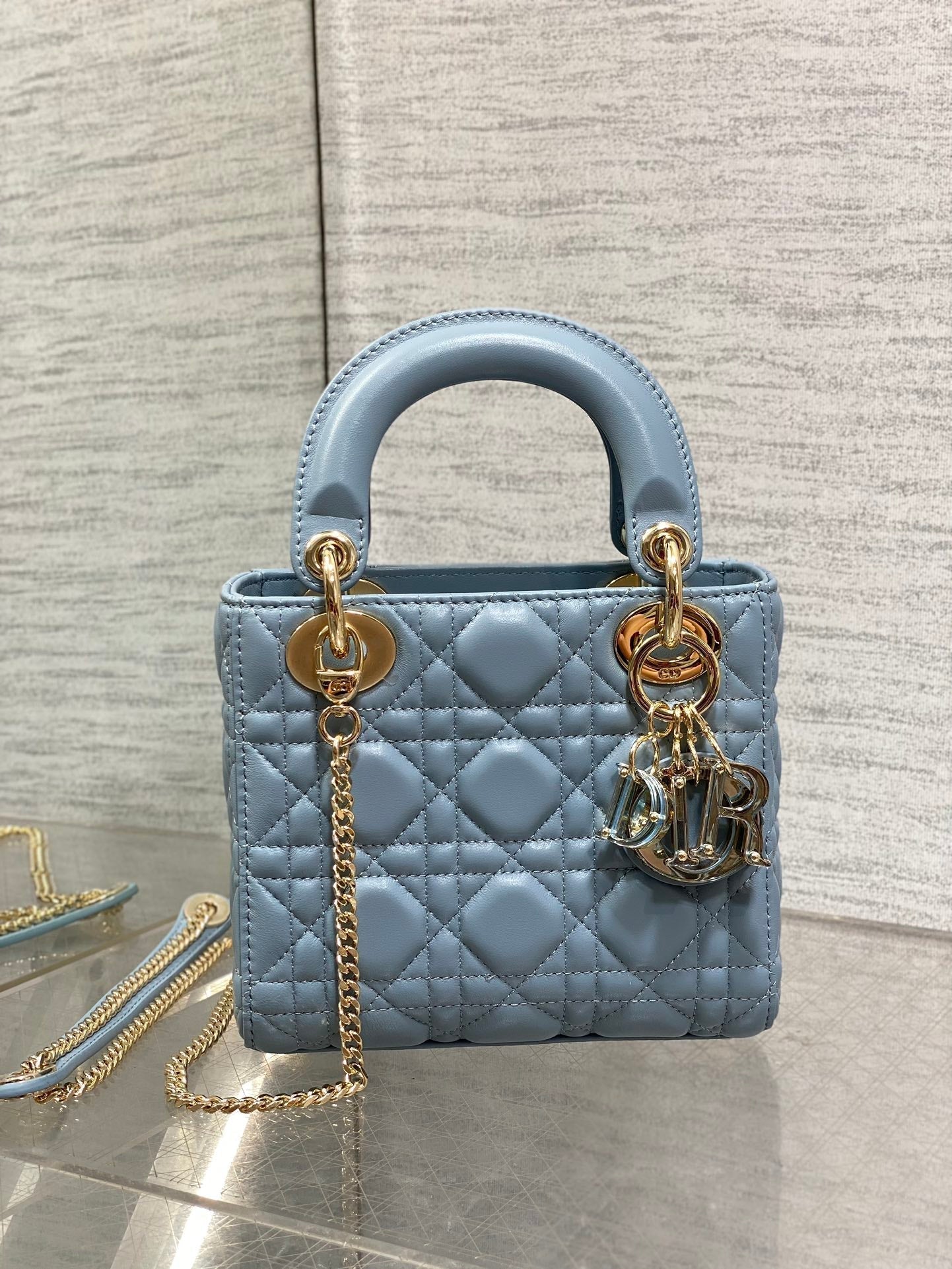 DIOR LADY MINI BAG 17 IN CERULEAN BLUE LAMBSKIN