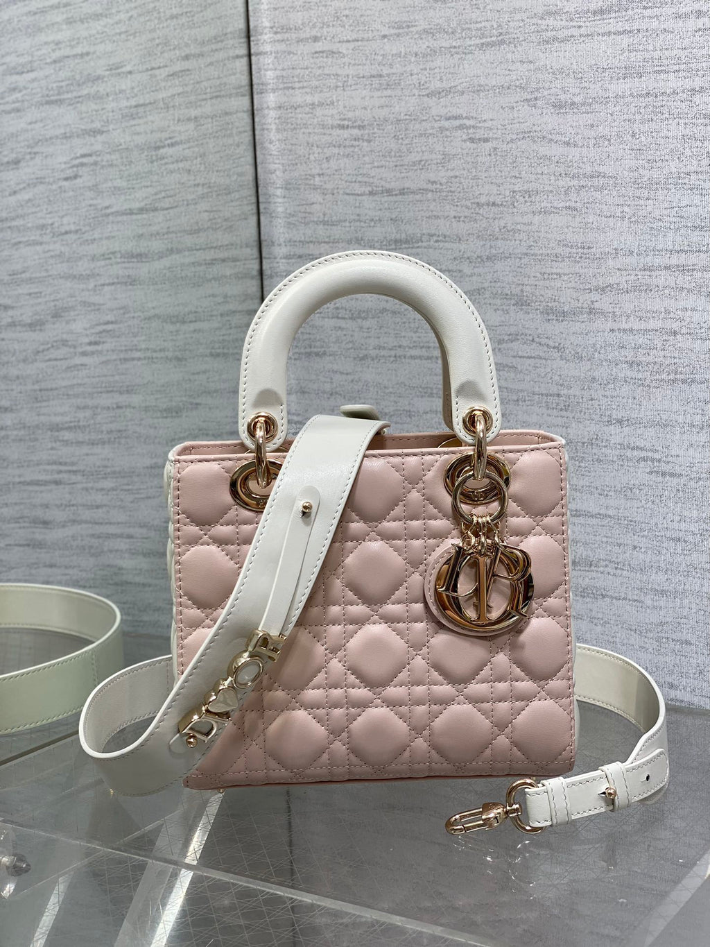 DIOR MEDIUM LADY BAG 20 IN BABY PINK QUILTED MACROCANNAGE CALFSKIN WHITE STRAP